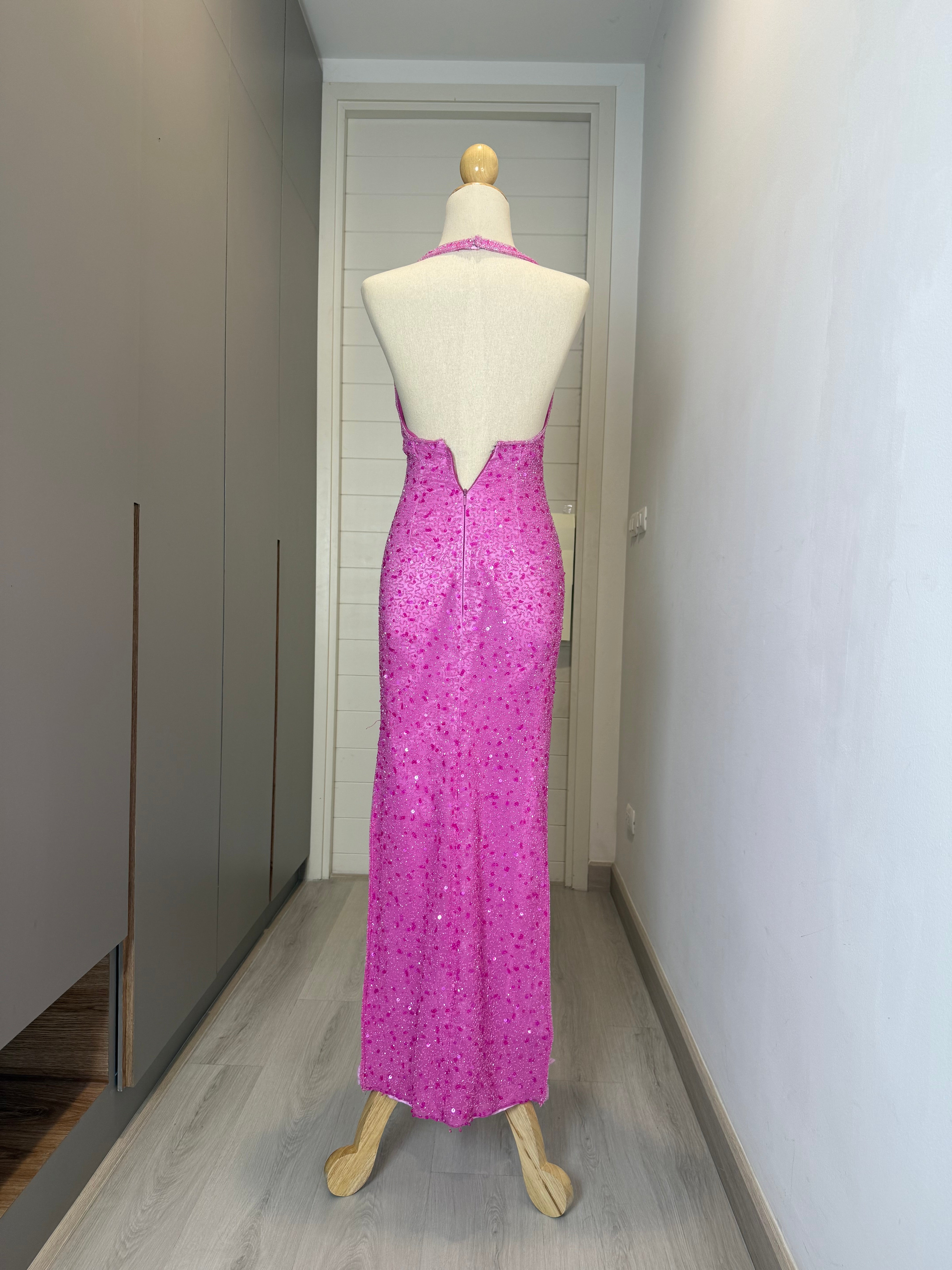 V141 Vintage Scala Pink Halter Evening Gown (XS)