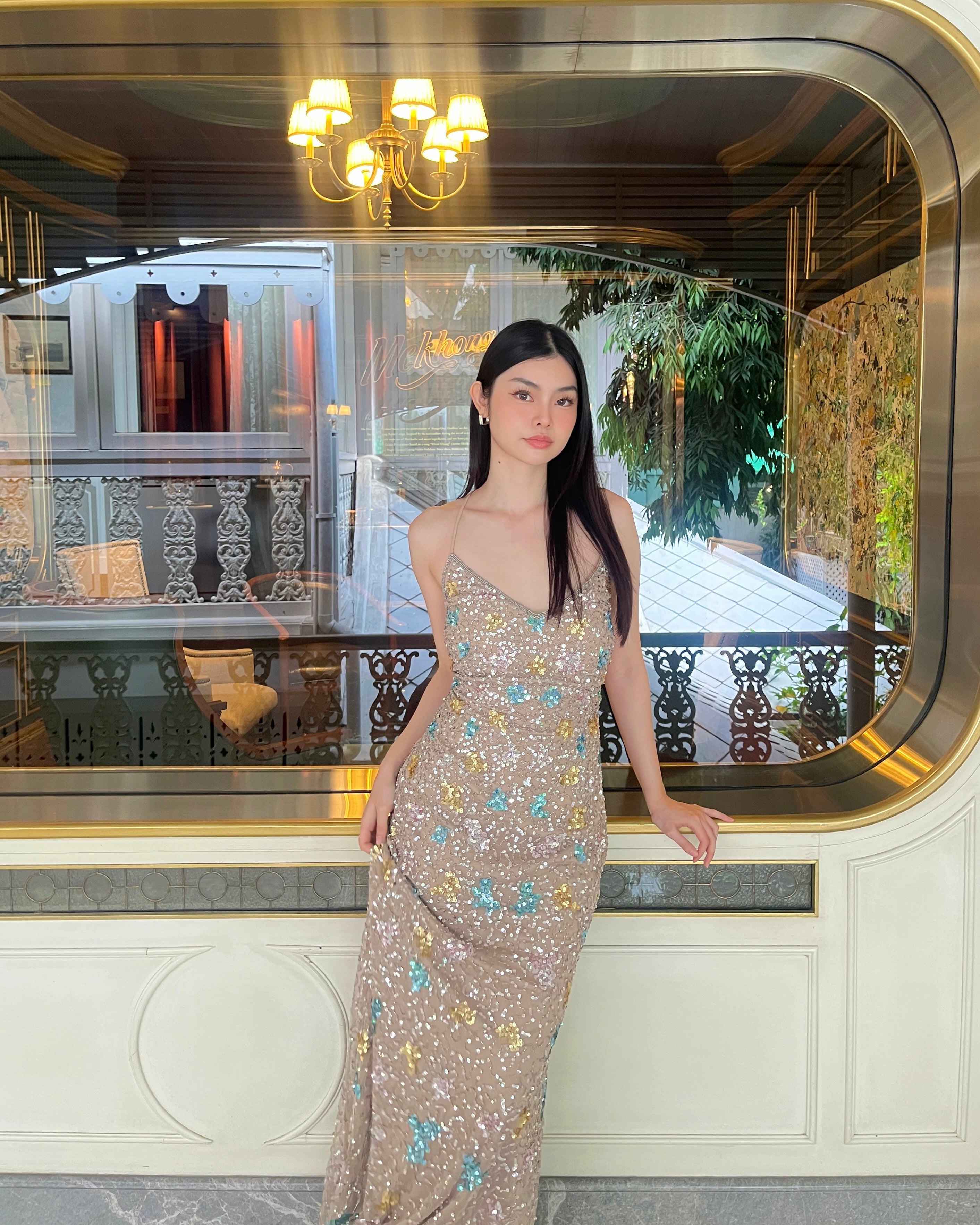 V265 New Design Primavera Couture Champagne Multi-Color Lace-Up Sequin Gown (XS–S)