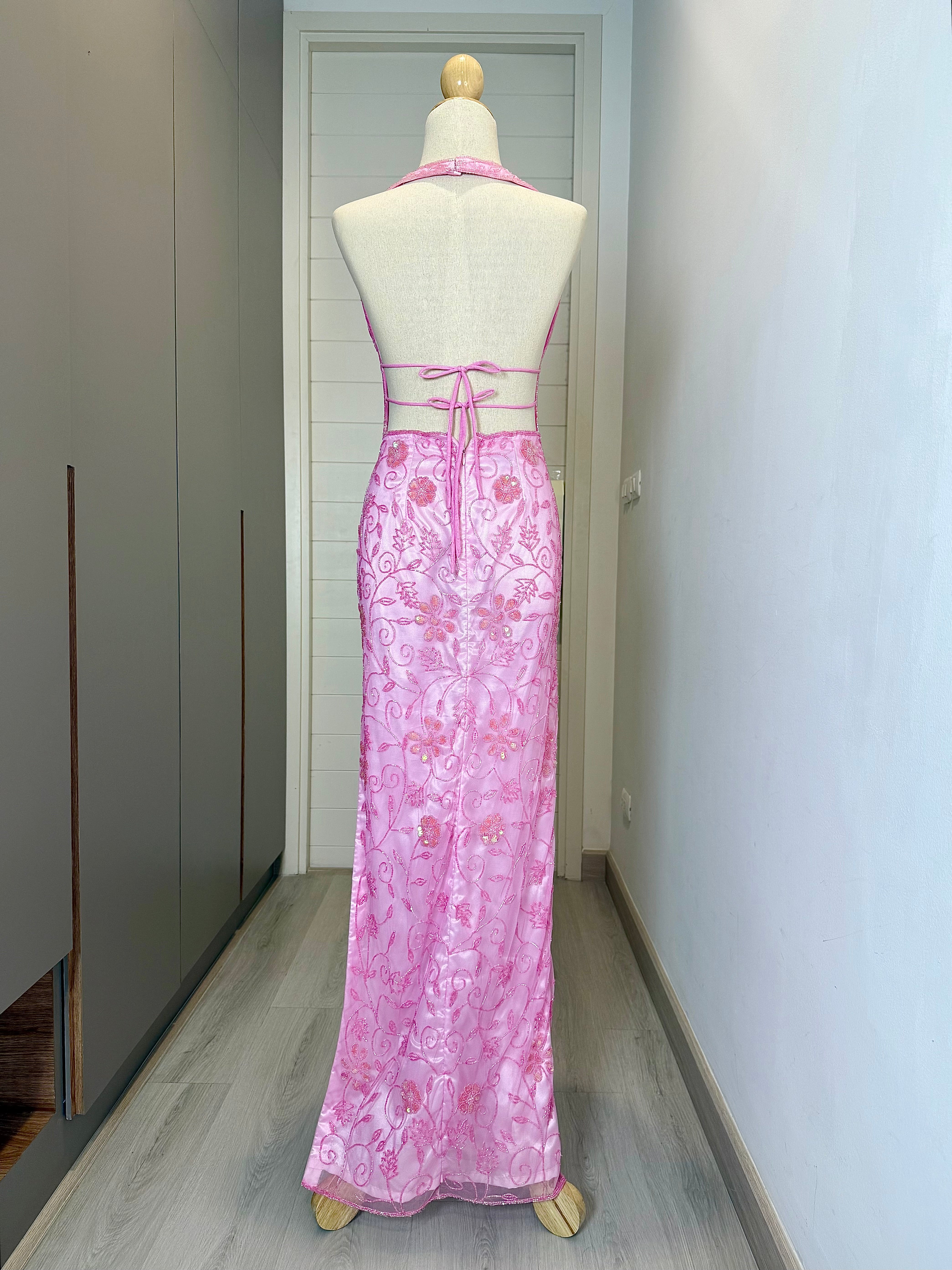 V139 Vintage Super Rare Sean Collection Pink Beaded Halter Gown (XS)