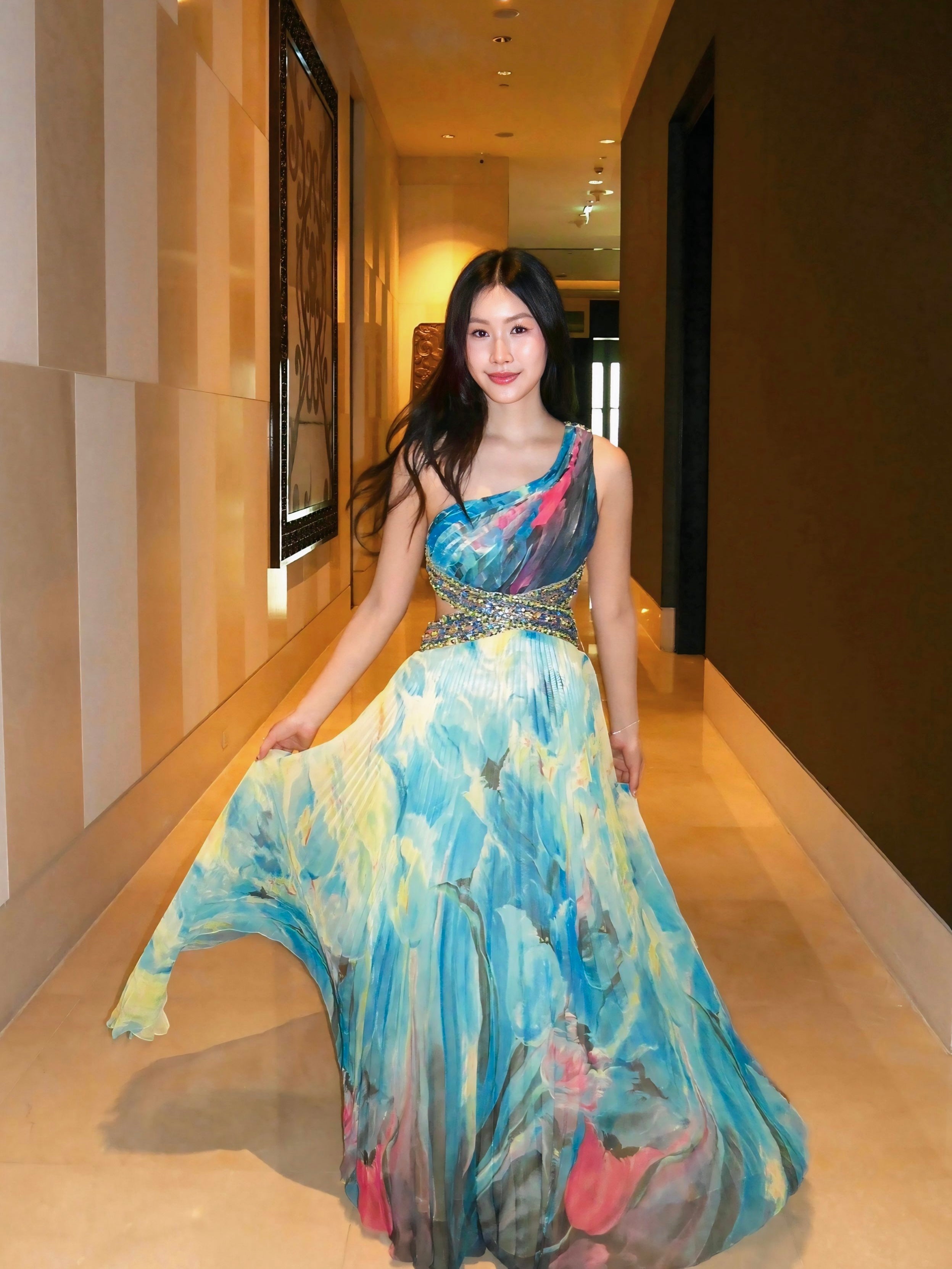 V114 Vintage Ocean Flame One-Shoulder Gown (S-M)