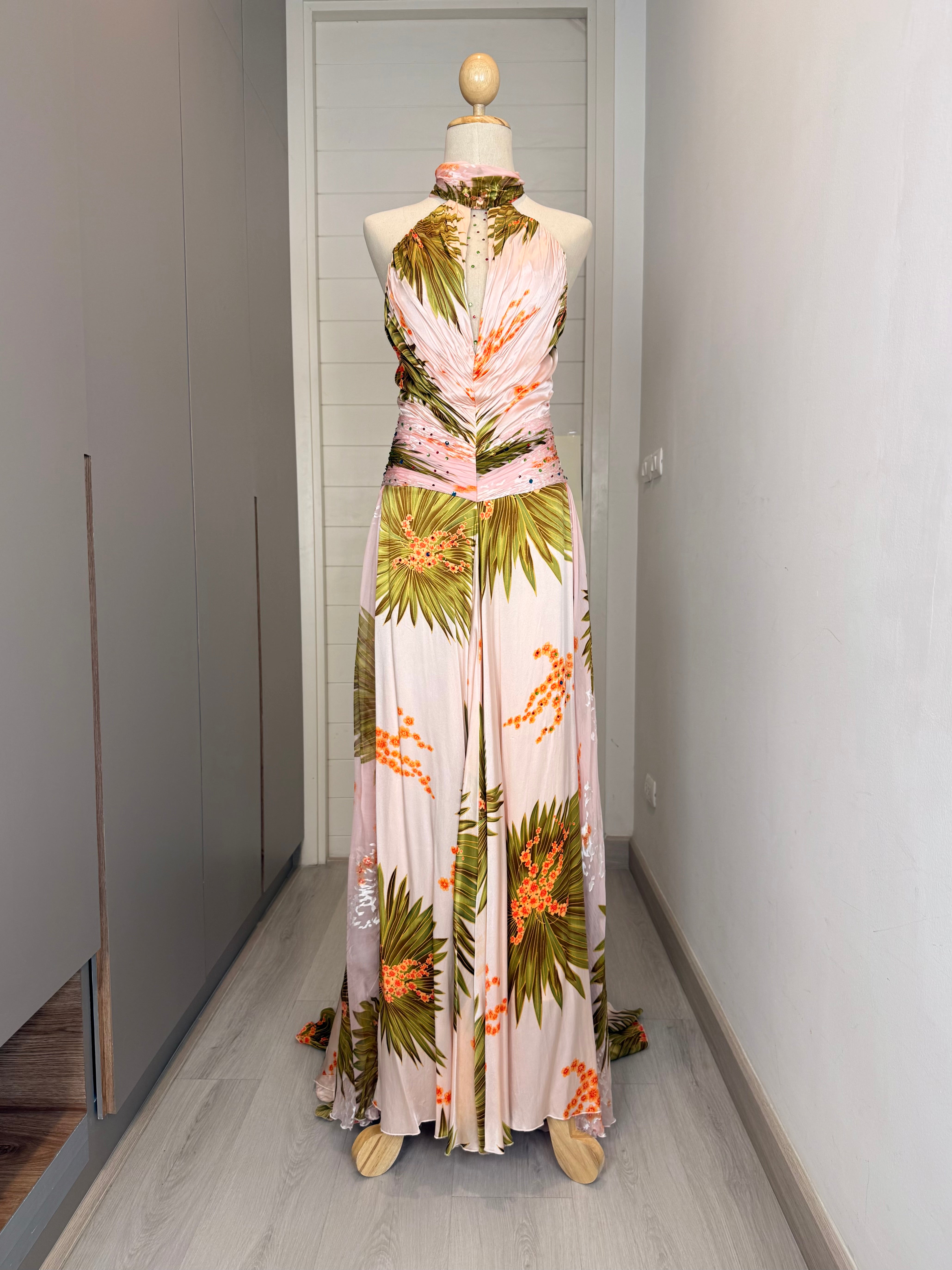 V320 Vintage Jovani Blush Tropicana Halter Gown (XS)