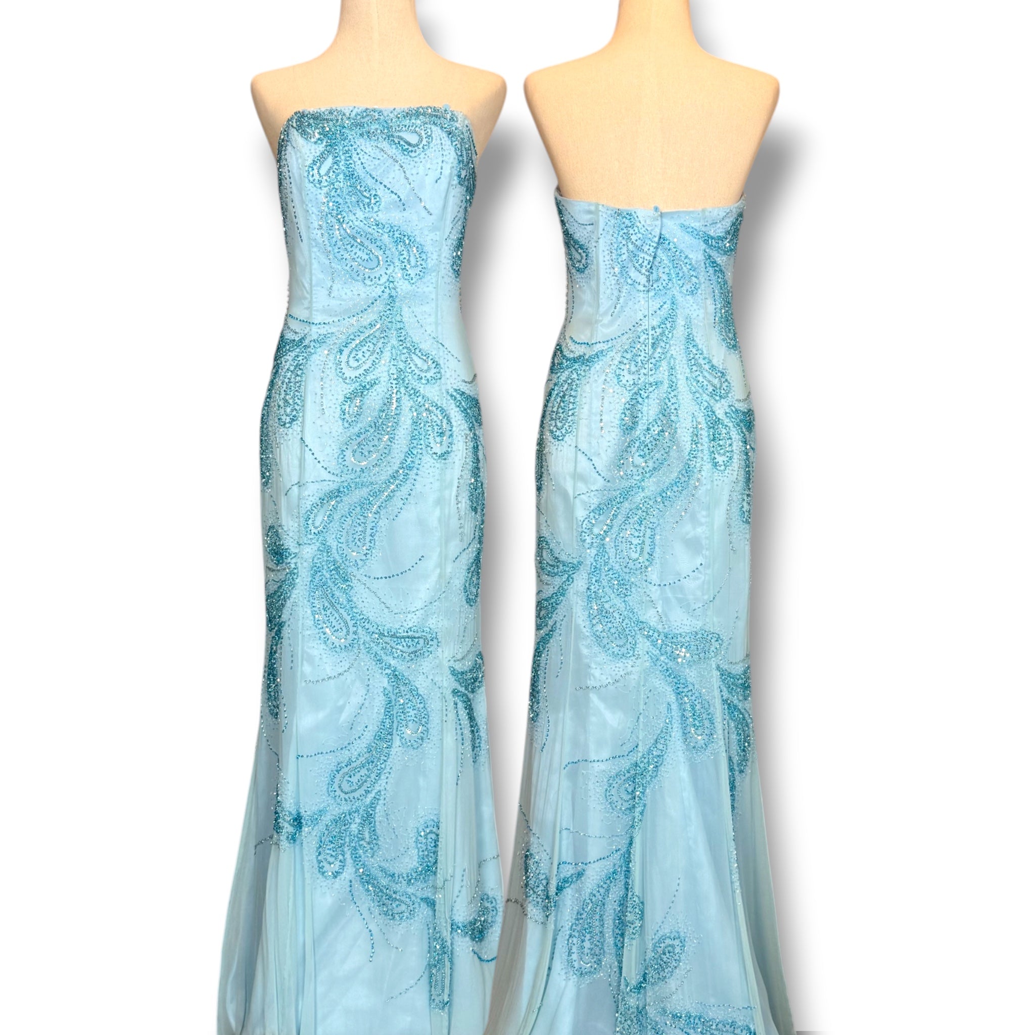 V324 Vintage Icy Aqua Paisley Crystal Strapless Gown (M-L)