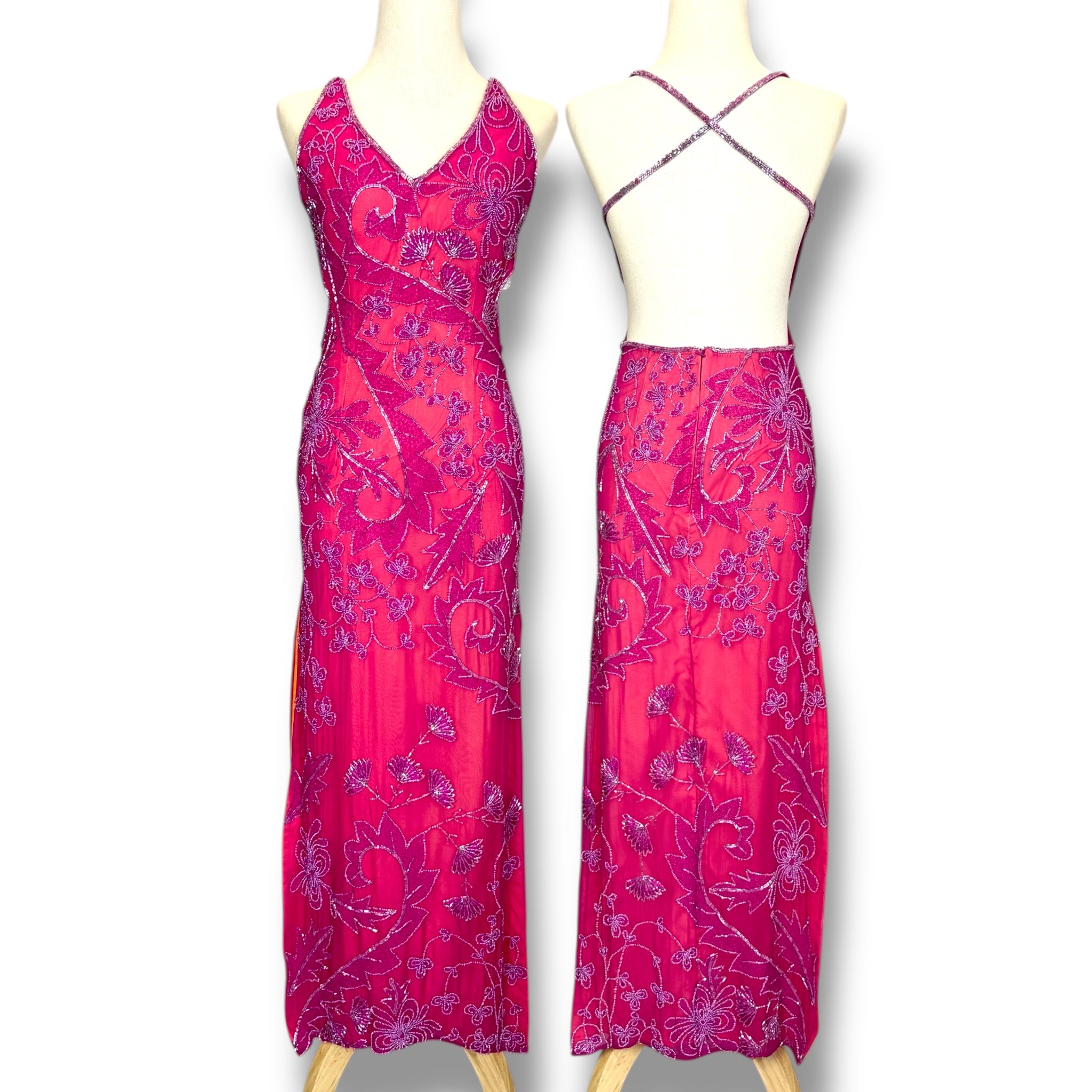 V243 Vintage Cache Fuchsia Beaded Open-Back Gown (XS) *ตัดความยาวพิเศษสำหรับสาว Petite