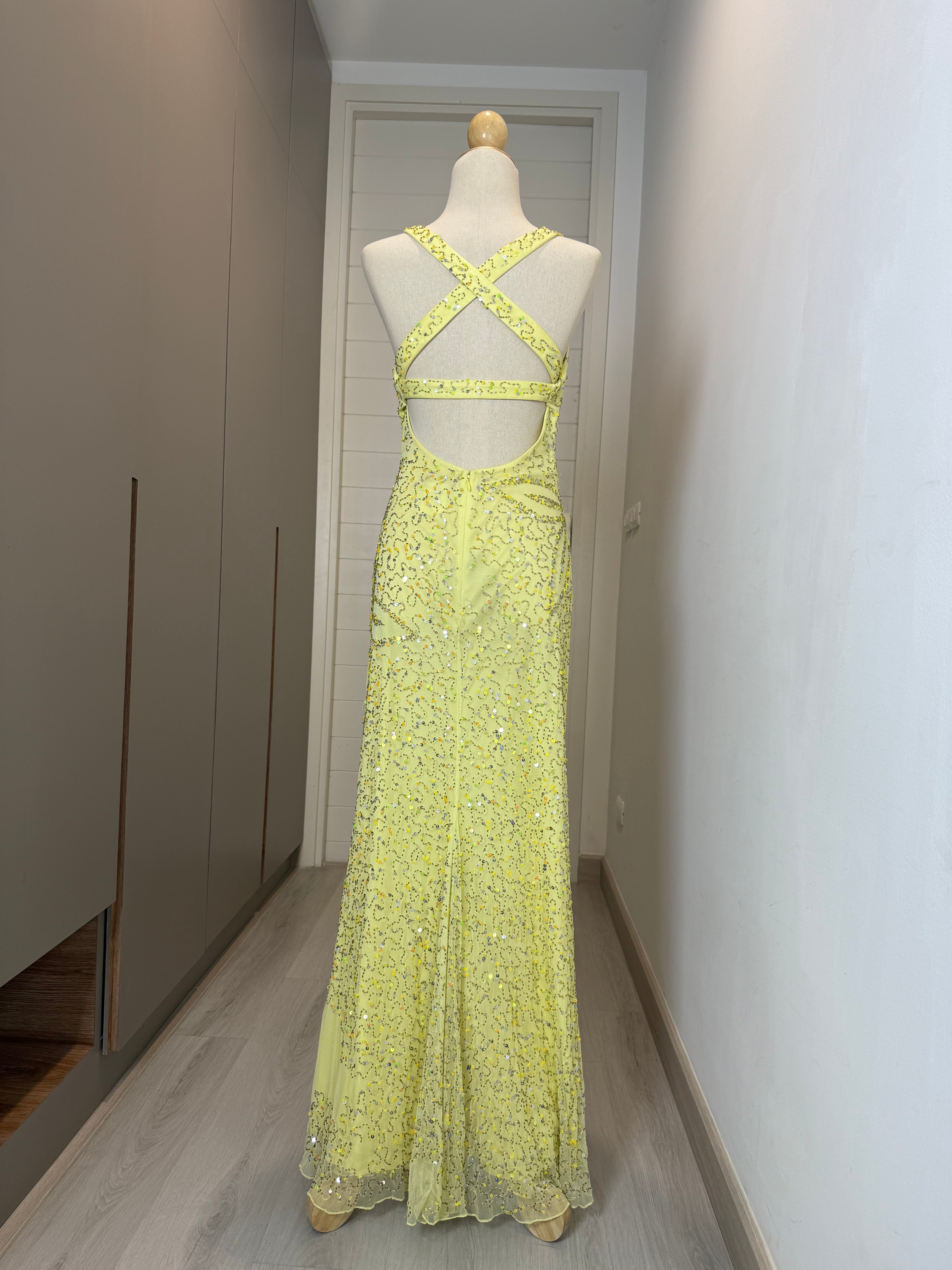 V186 Vintage Yellow Sequin Crossback Gown (M)