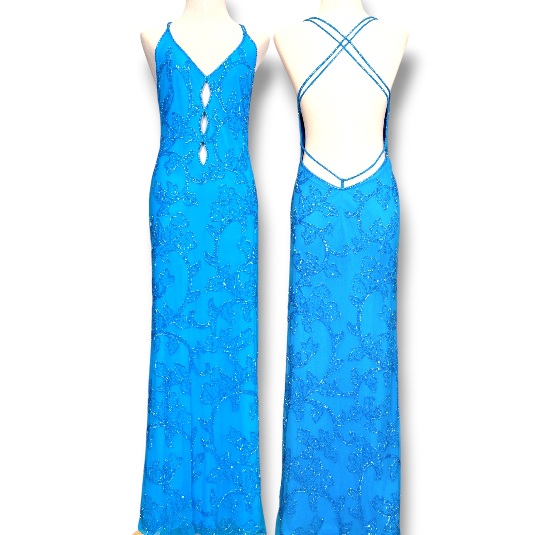 V308 Vintage Cache Azure Blossom Beaded Gown (XS-S)