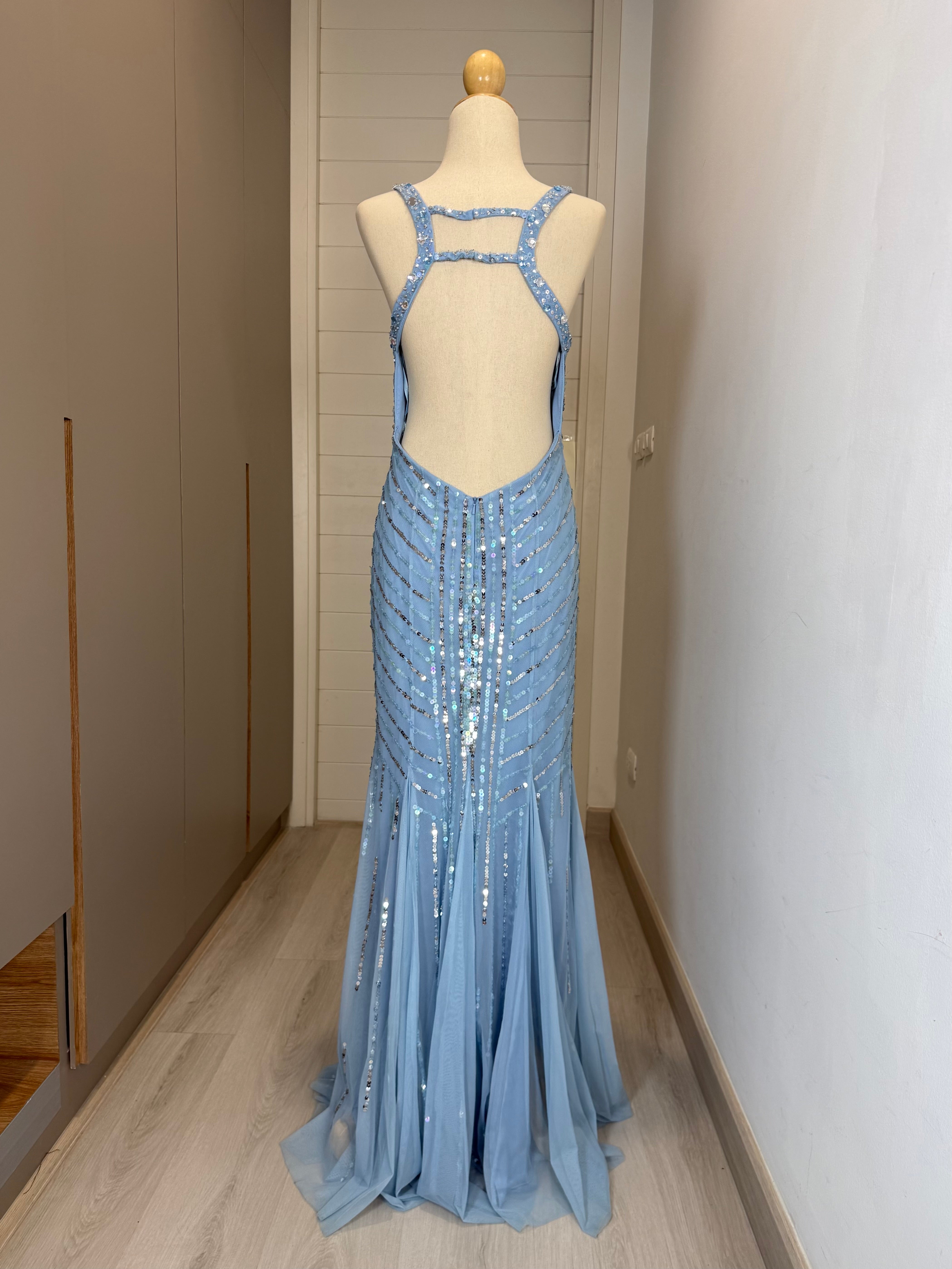 V257 Vintage Sean Collection Steel Blue Stardust Open-Back Mermaid Gown (M-L)