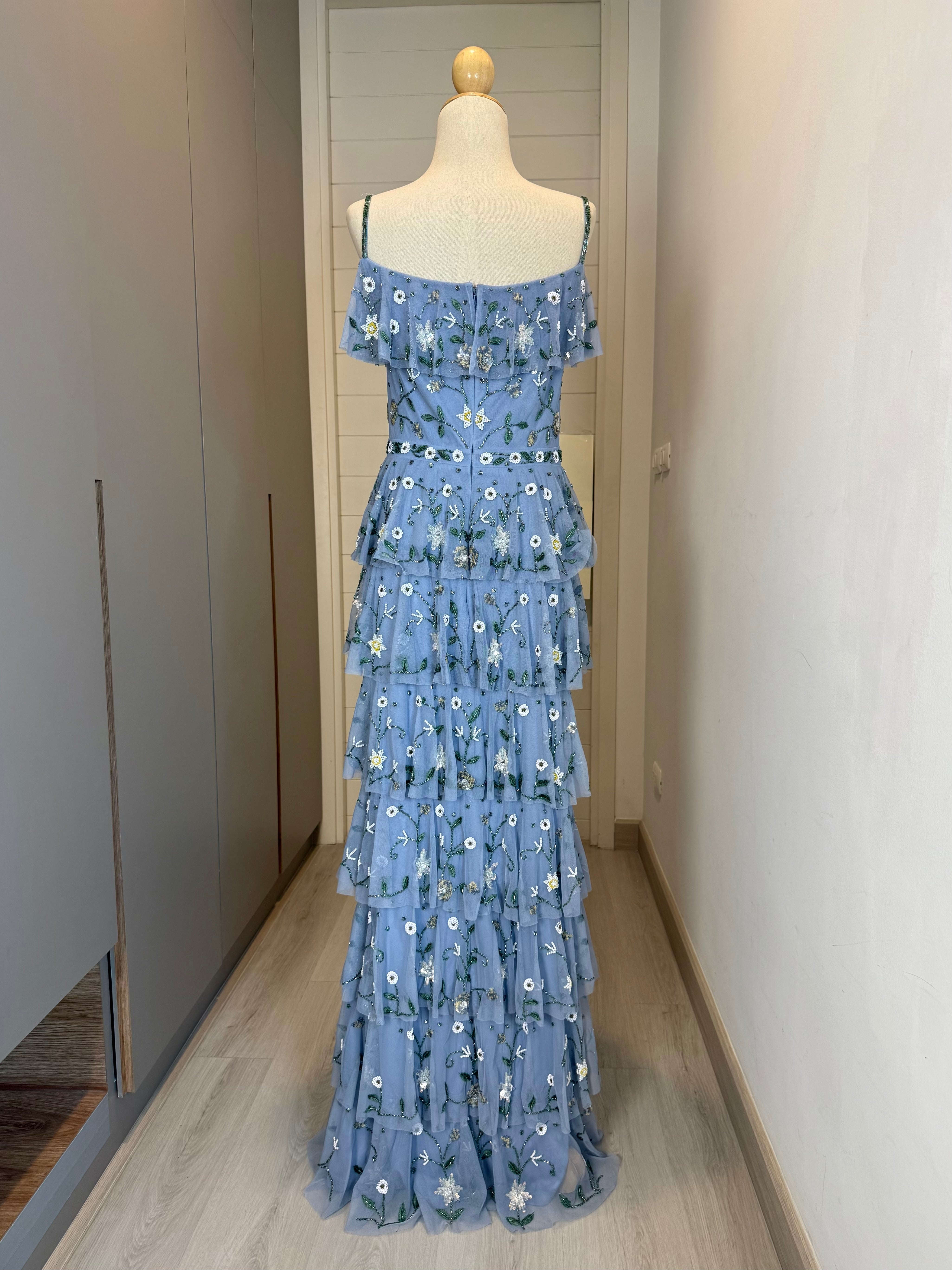 V239 Vintage-Inspired Mac Duggal Tiered Floral Gown (S–M)