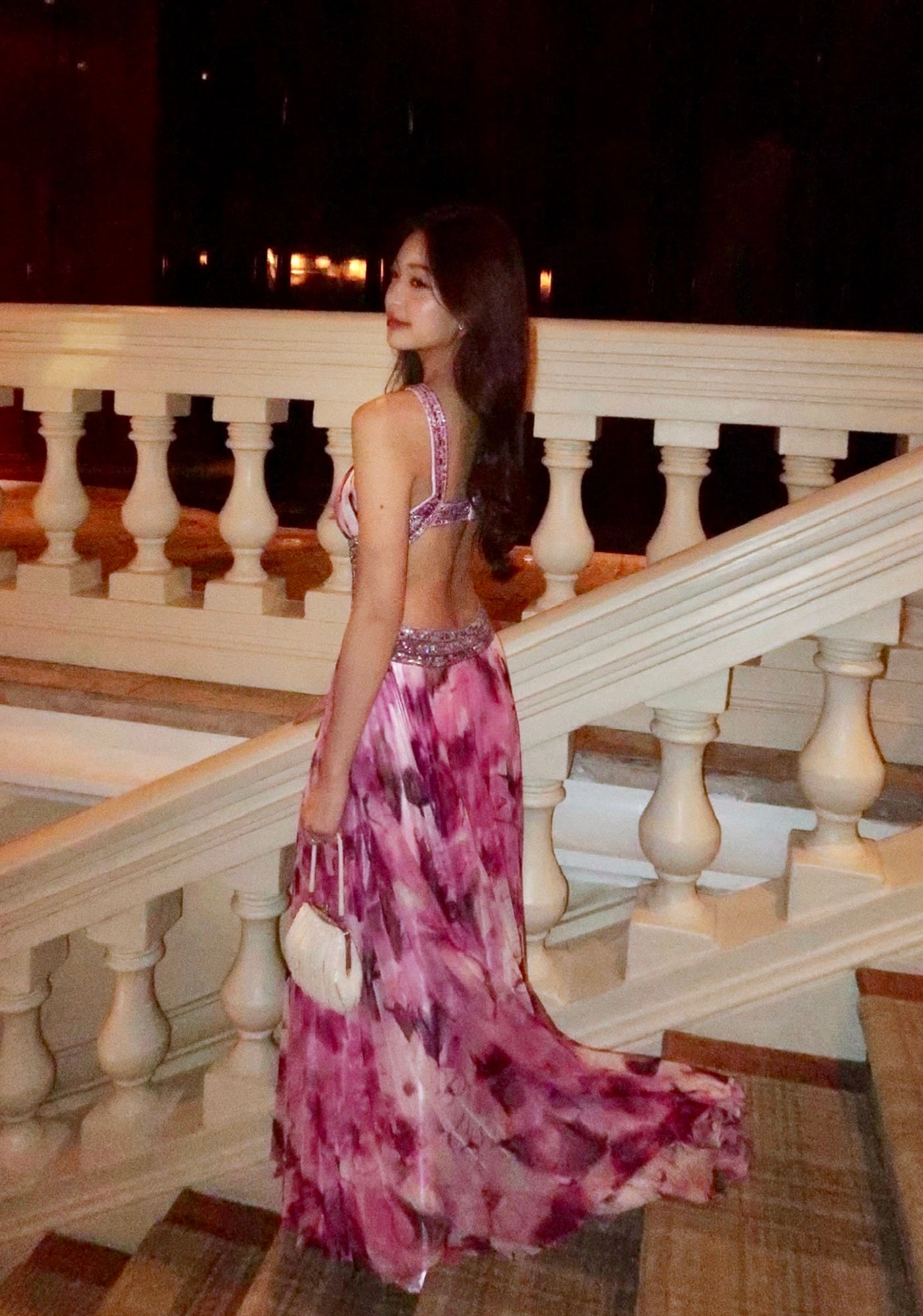 D06 Dave & Johnny Pink Floral Evening Gown (XS-S)