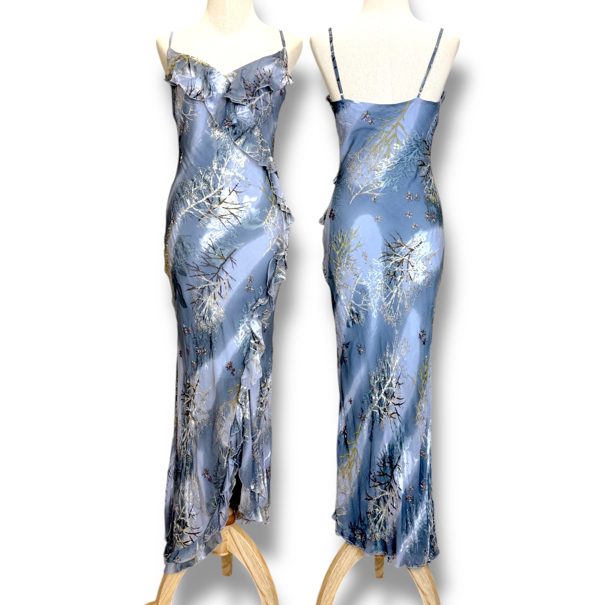 V234 Vintage Frosted Blue Ruffle Garden Slip Dress (XS-S)