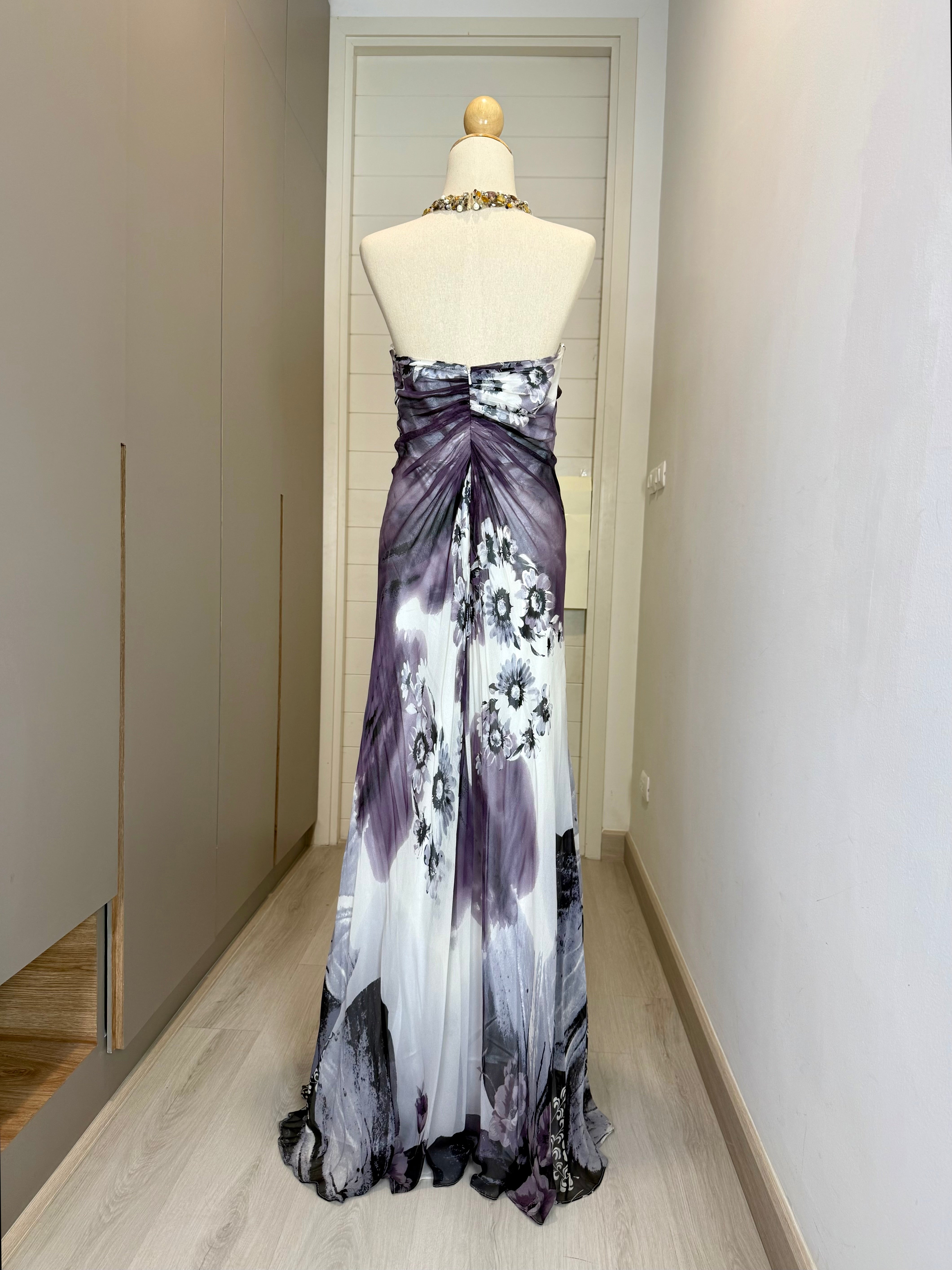 V147 Lavender Bloom – Spanish Vintage Draped Halter Dress (S-M)