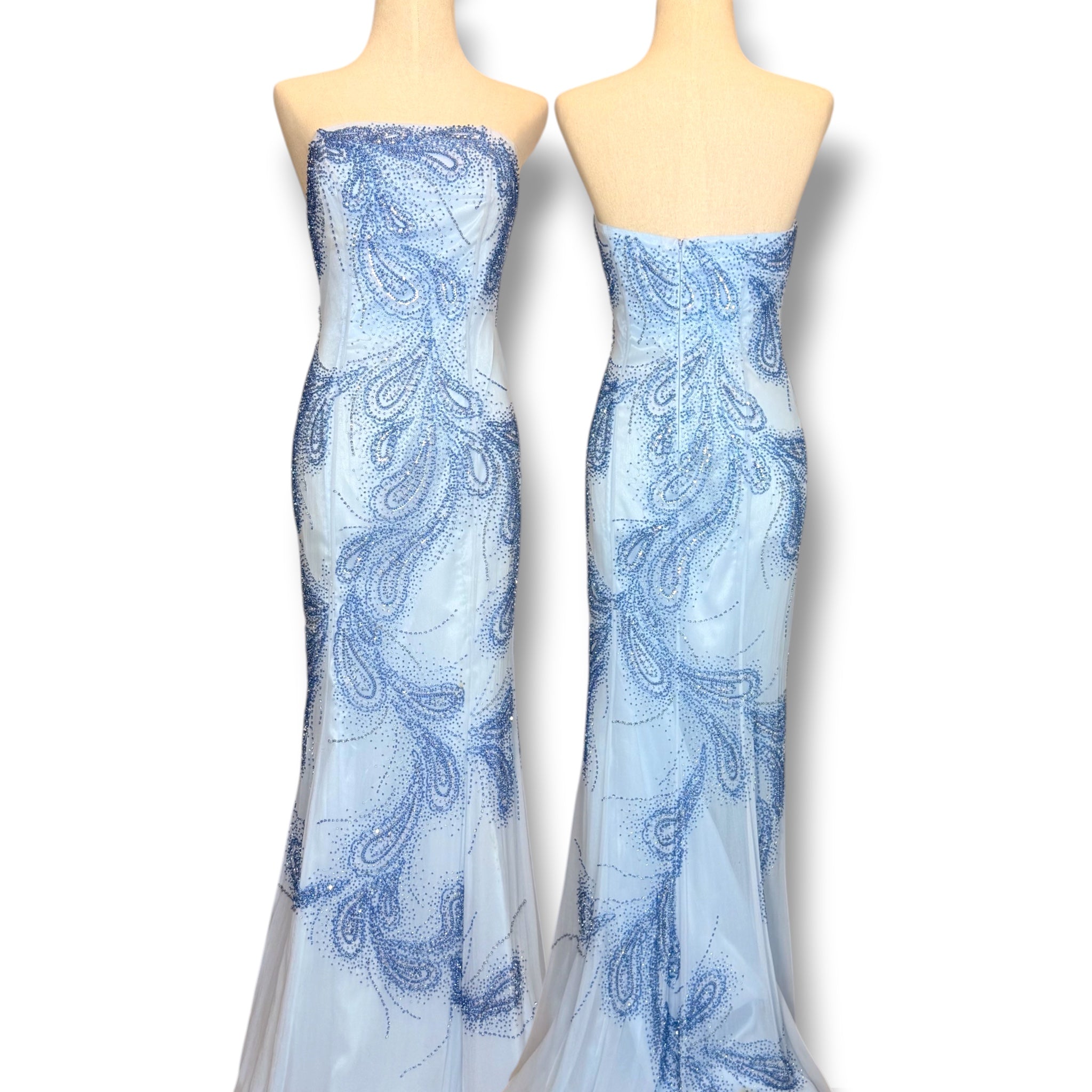 V323 Vintage Dusty Blue Paisley Crystal Strapless Gown (S)