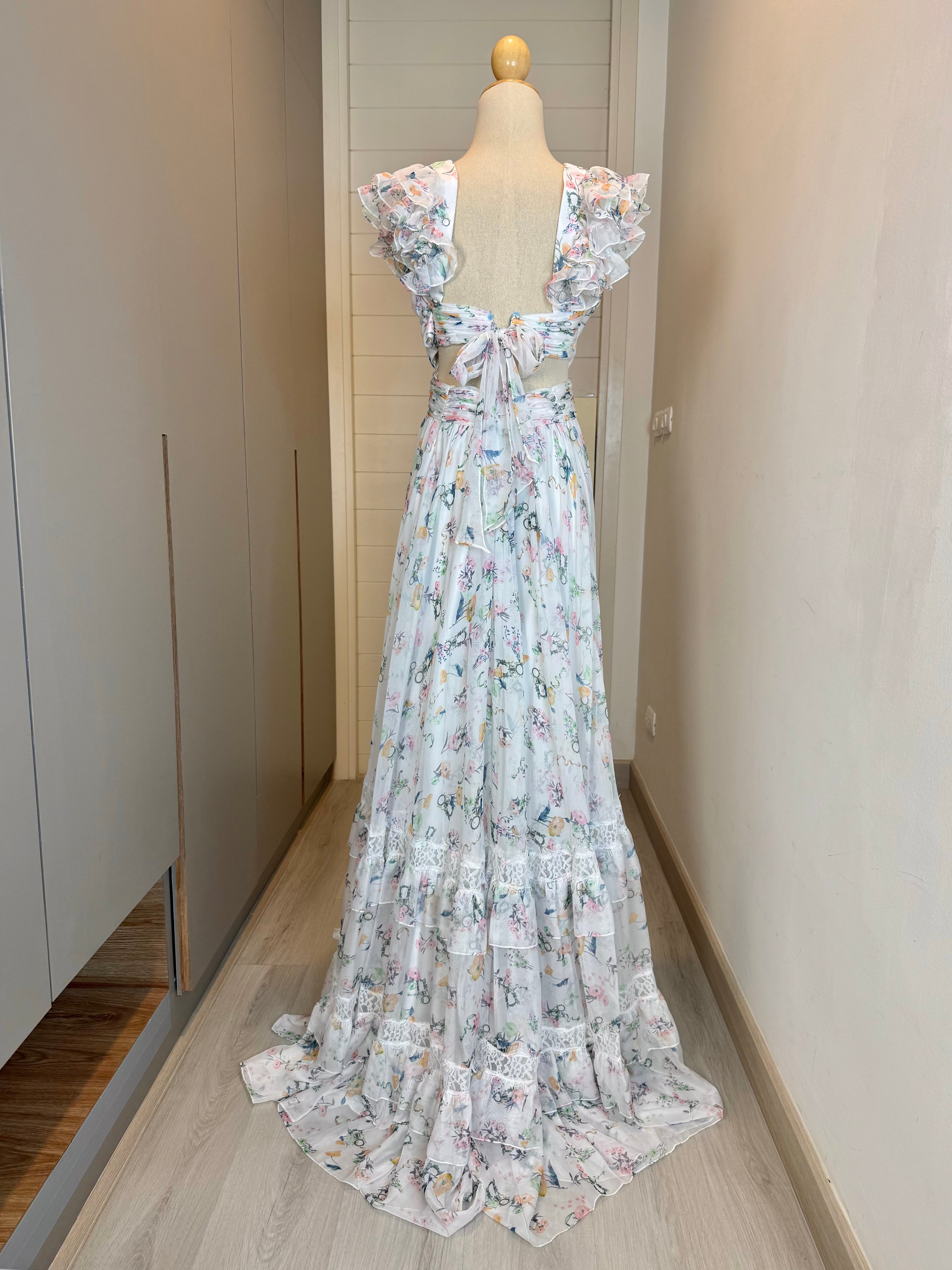 V241 Vintage-Style Mac Duggal Floral Ruffle Maxi Dress (L–XL)