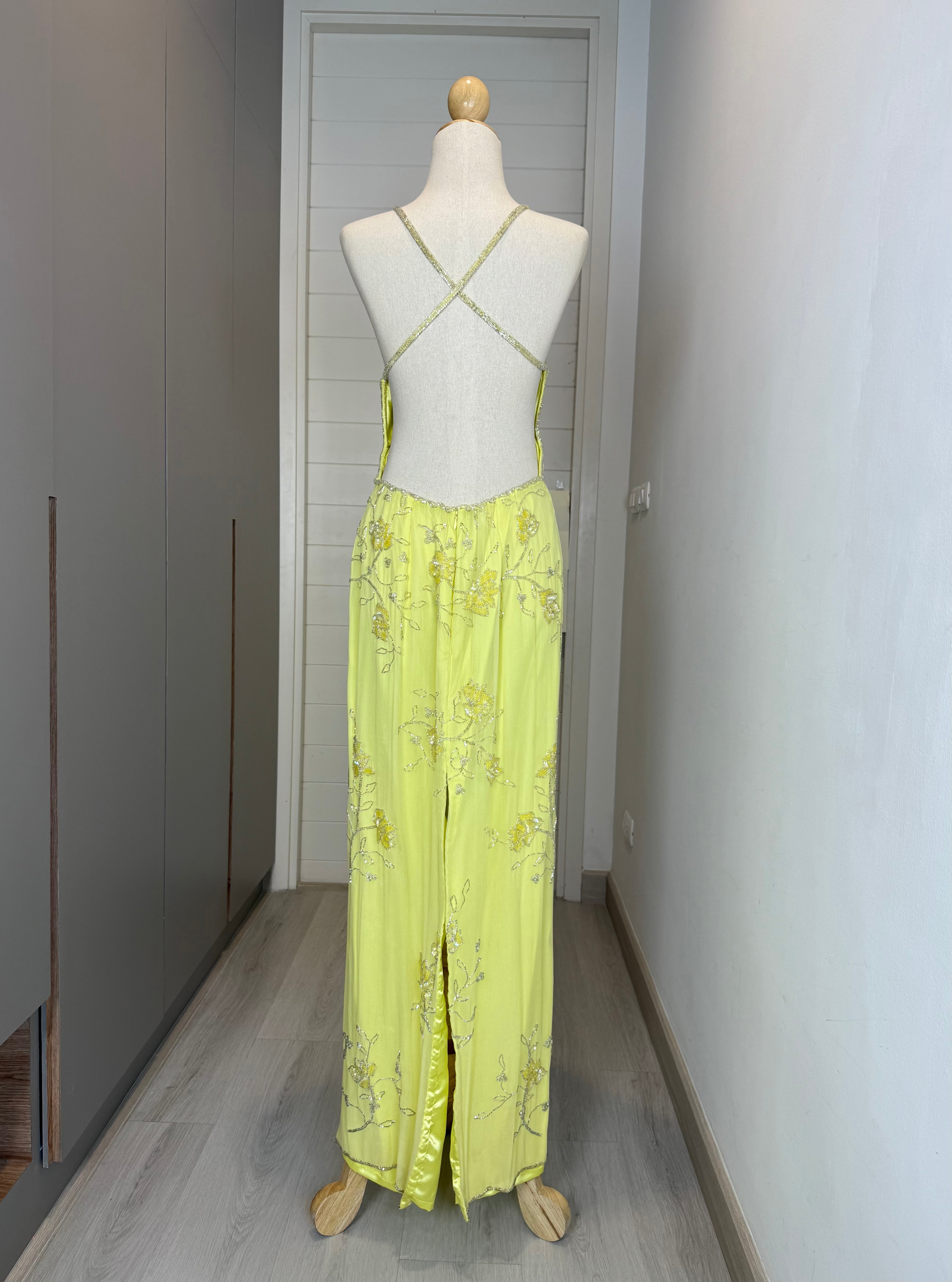 V163 Vintage Sean Collection Pastel Yellow Beaded Dress (L-XL)