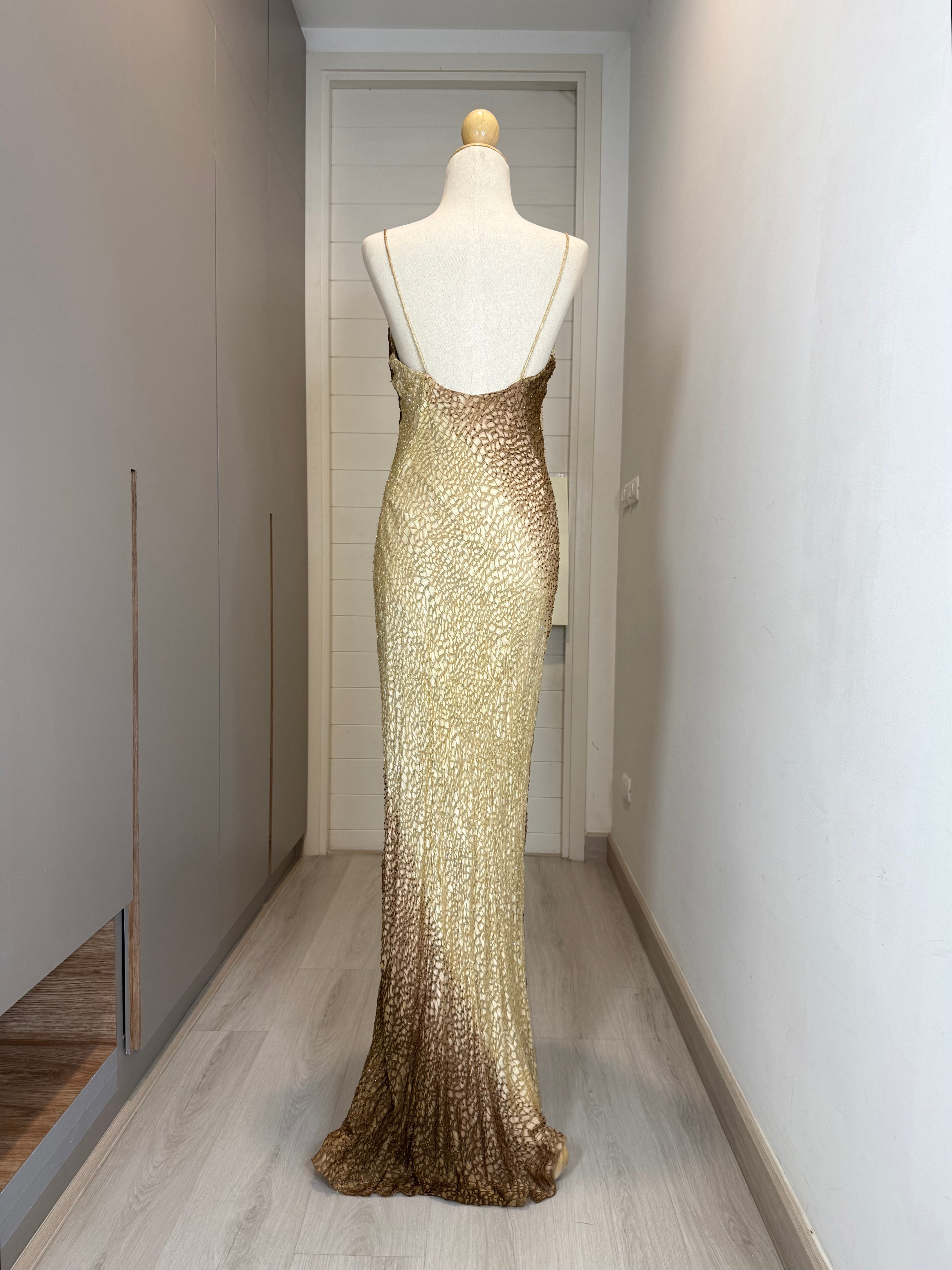 V294 Vintage Golden Mosaic Silk Gown (XS-S)