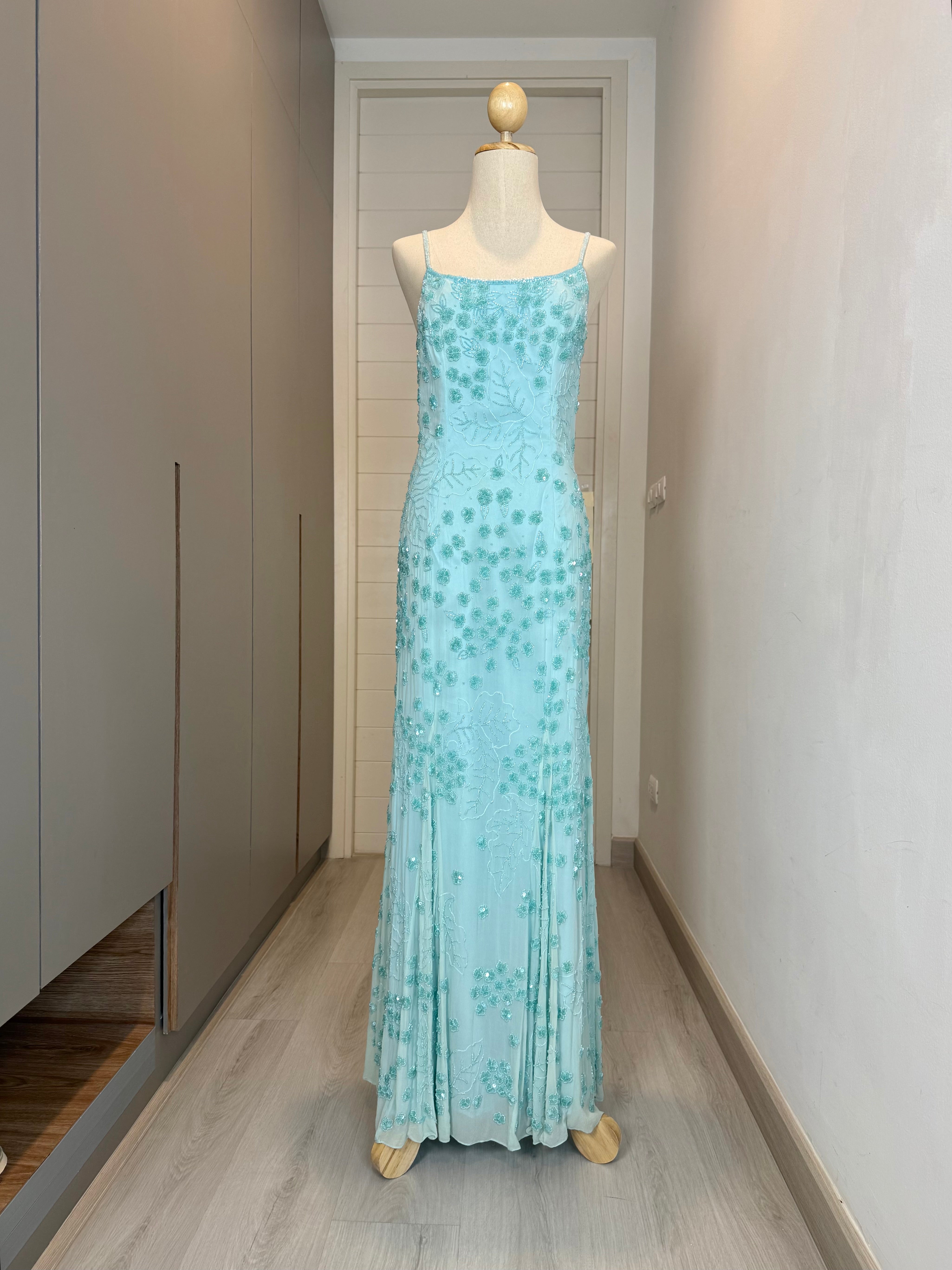 V251 Vintage Scala Aqua Blossom Beaded Slip Dress (S)