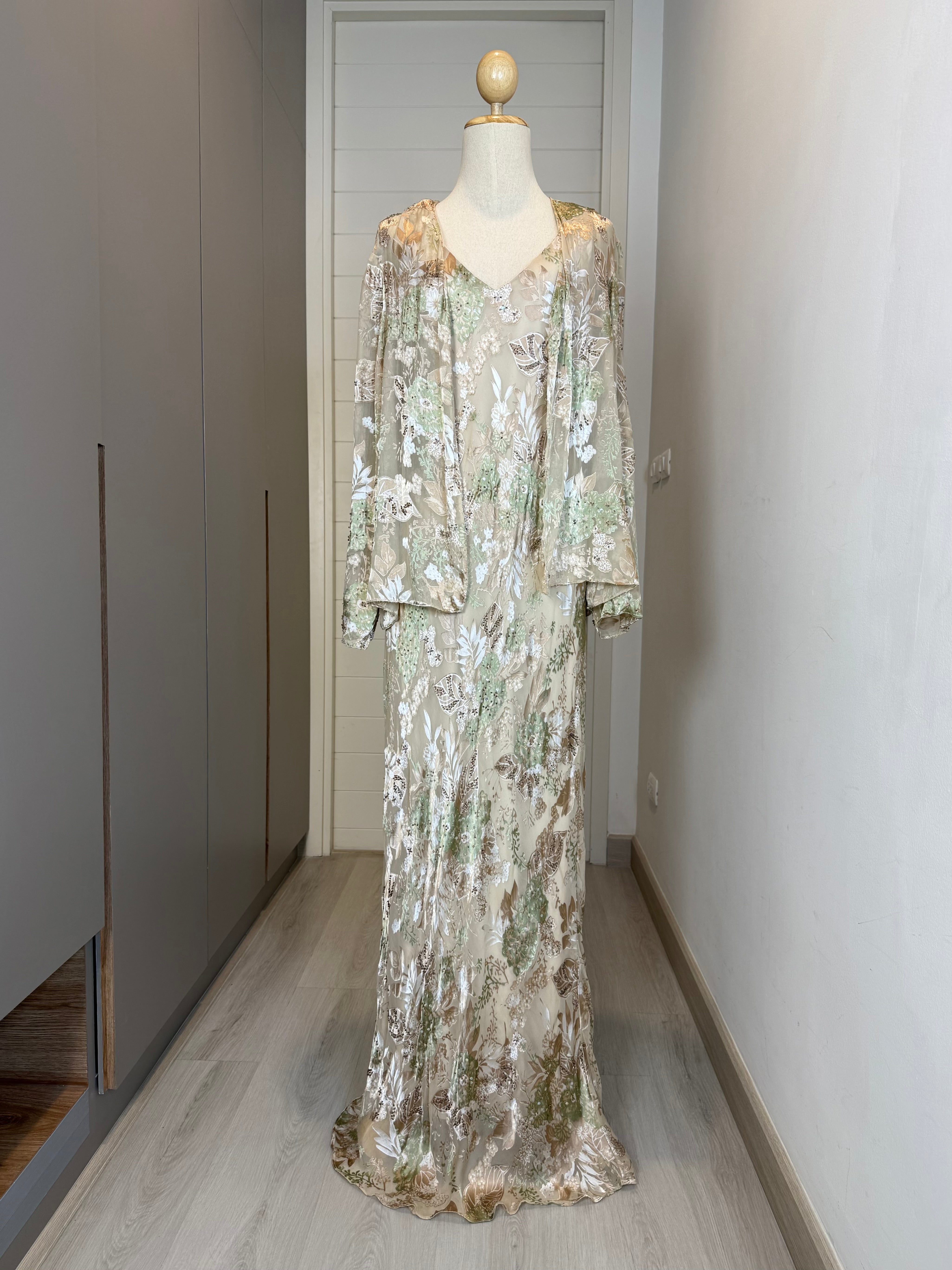 V253 Vintage Alex Evenings Burnout Garden Glow Dress Set (L-XL)