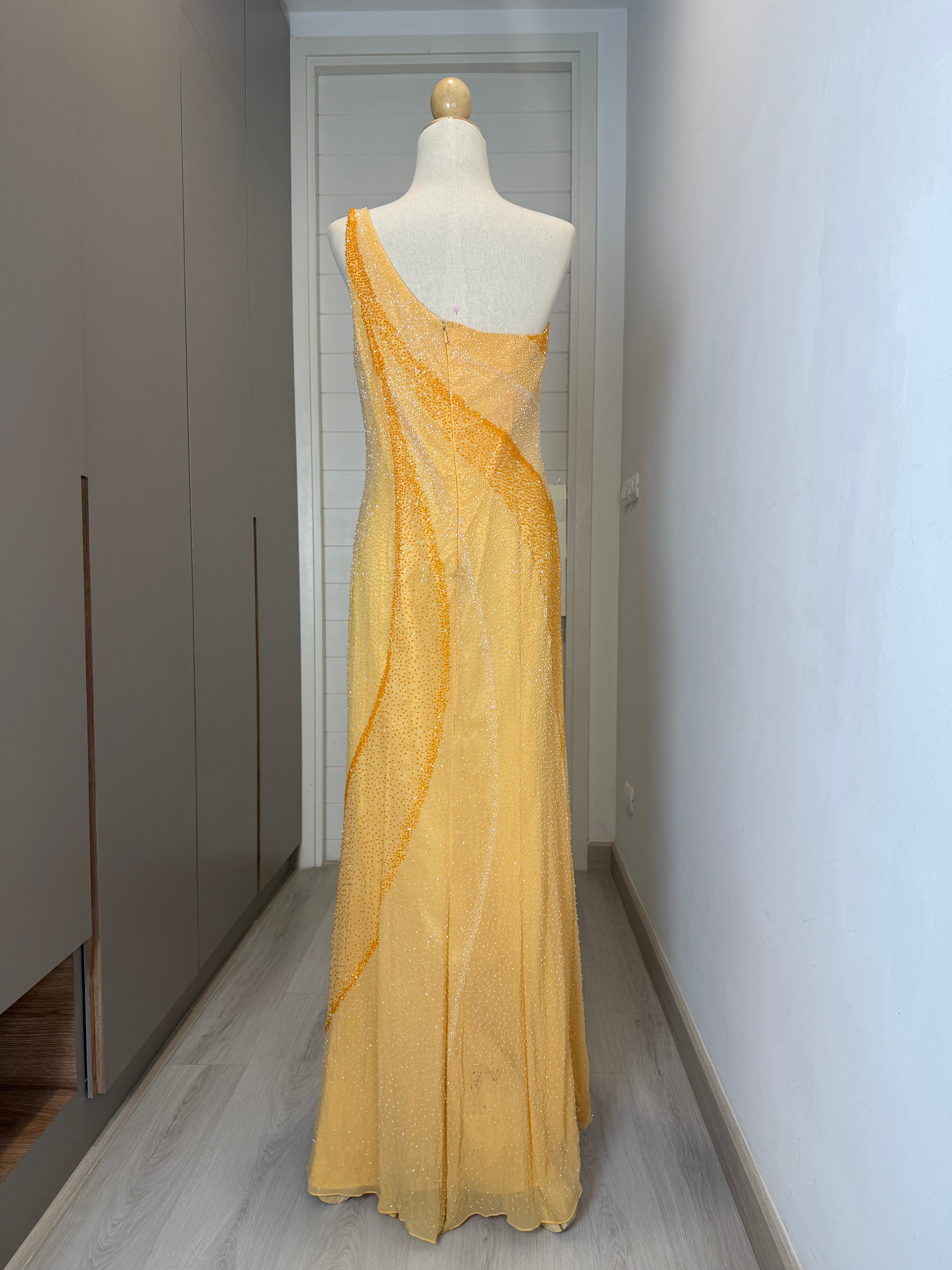 V133 Vintage Amber Flame One-Shoulder Gown (L-XL)