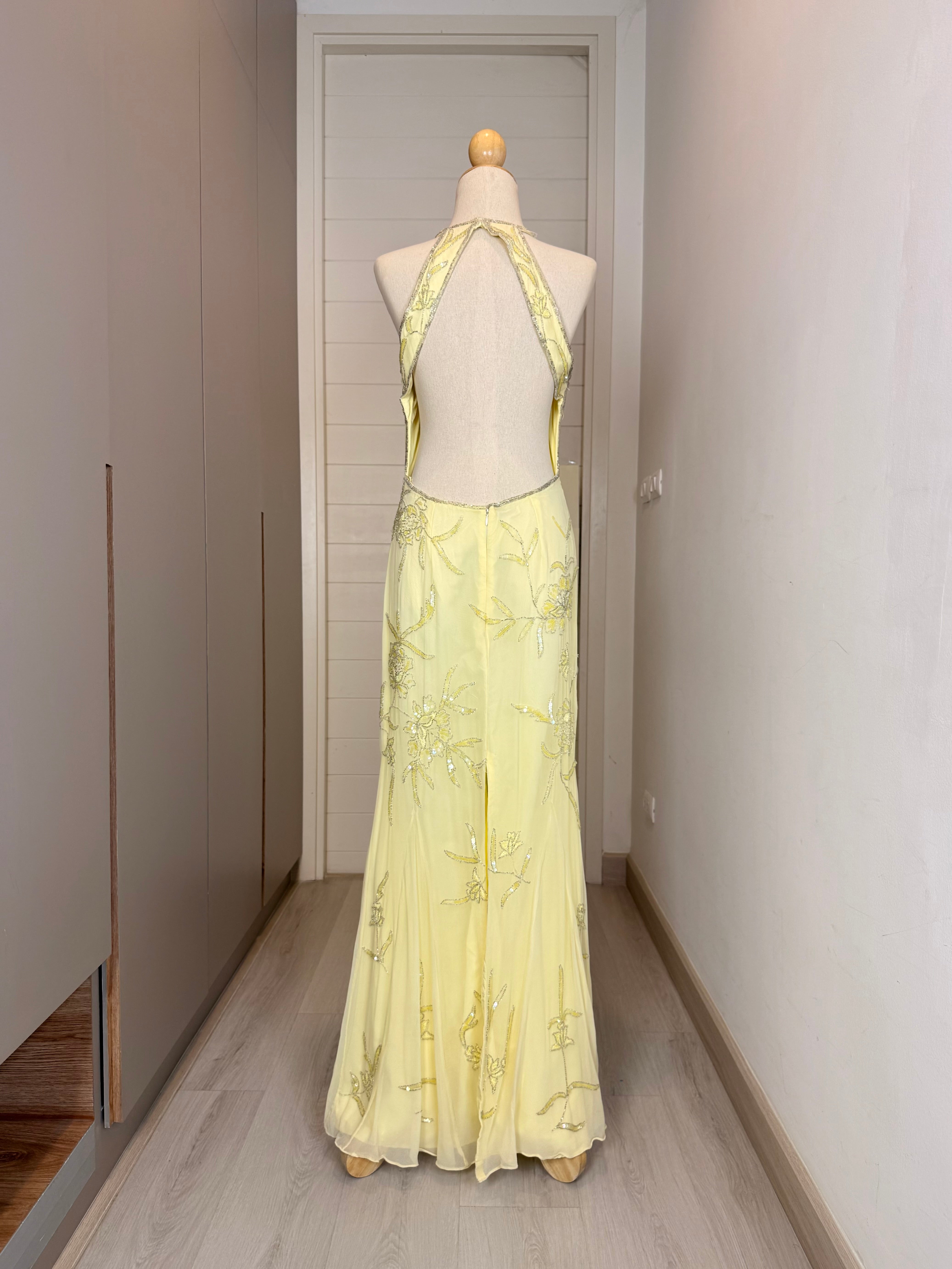 V309 Vintage Cache Butter Blossom Open Back Gown (M)