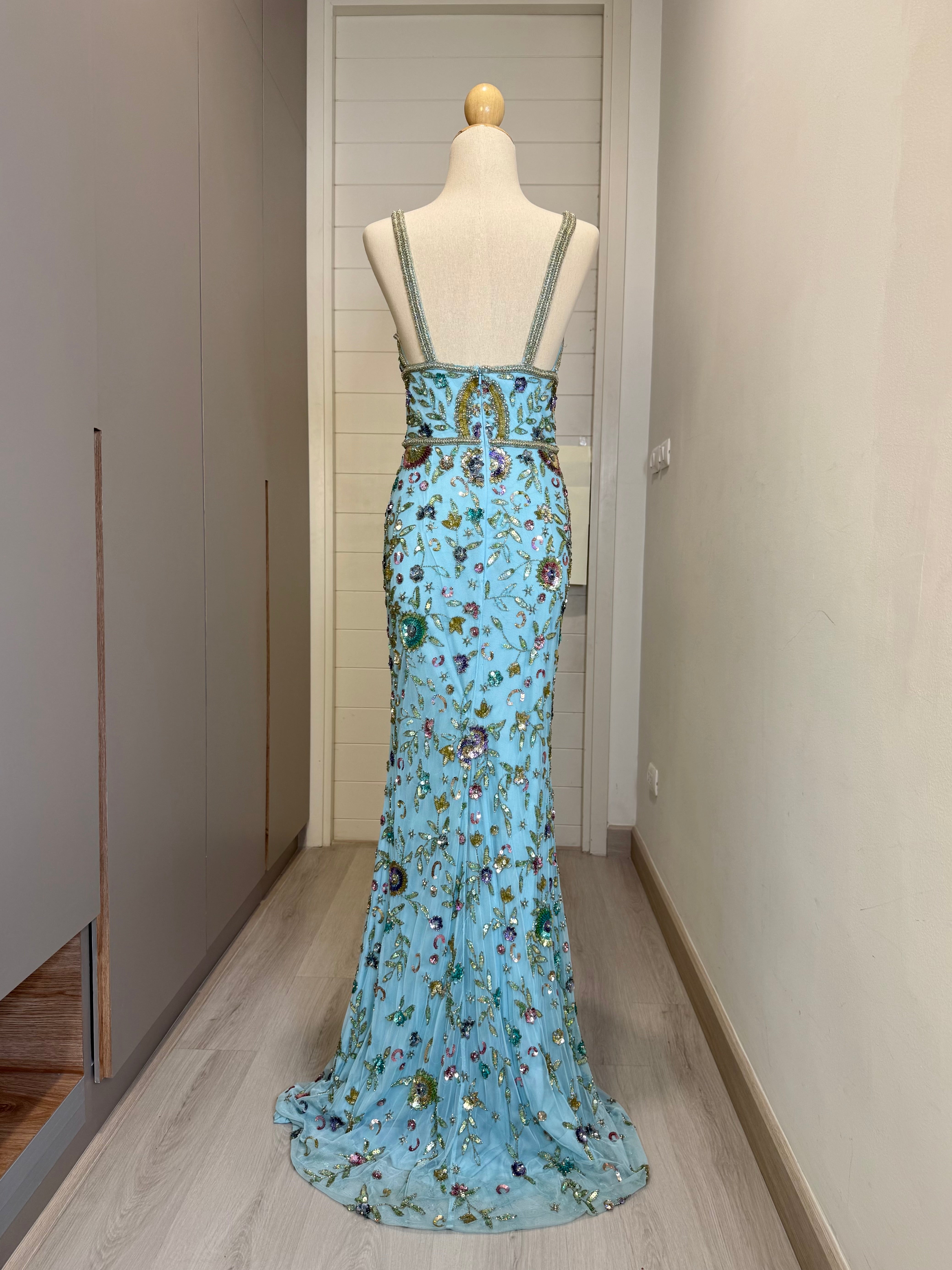 V230 Vintage Sherri Hill Bohemian Aqua Beaded Gown (XS-S)