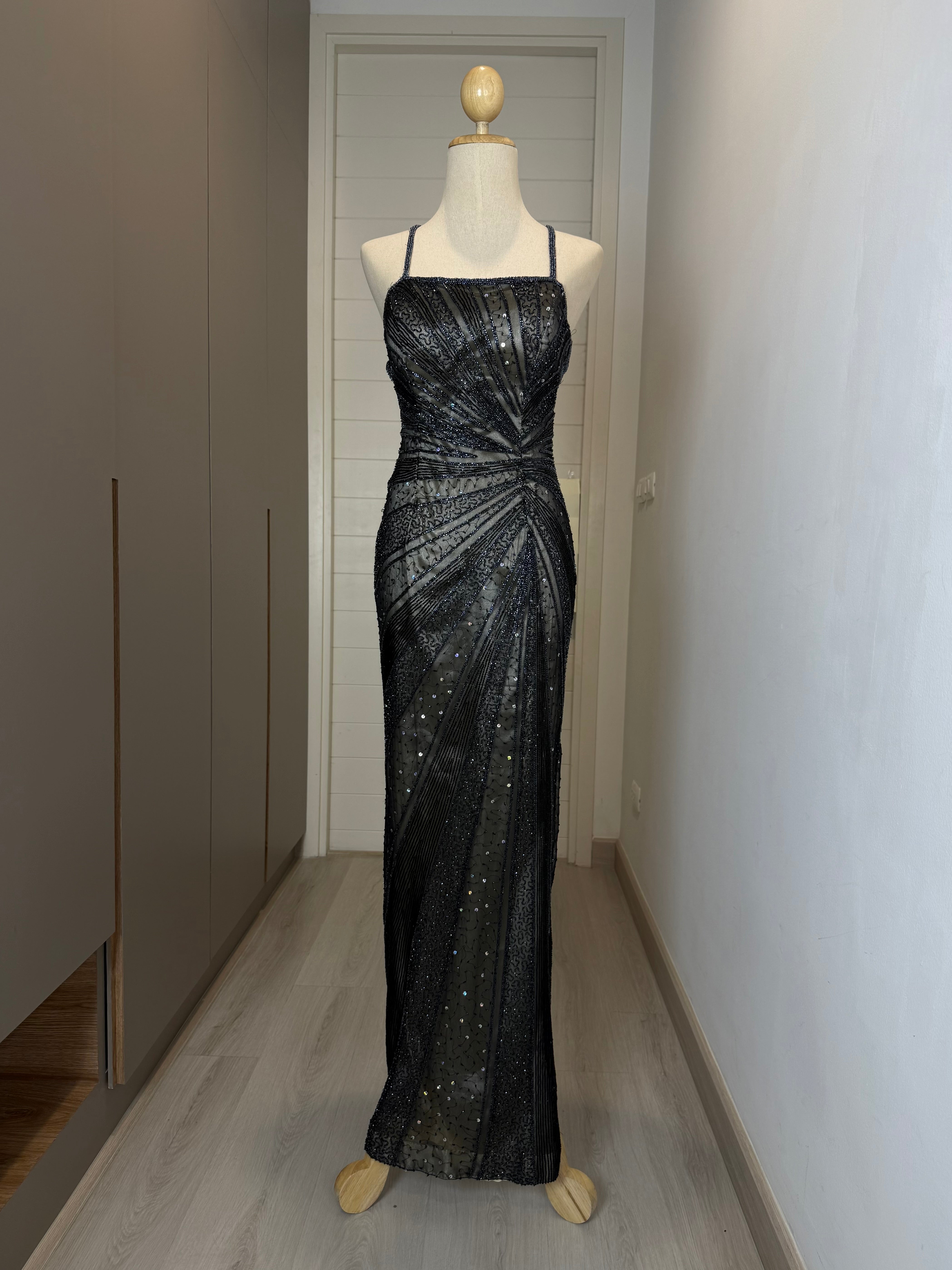 V136 Vintage Black Beaded Gown – Strappy Back Detail (XS)