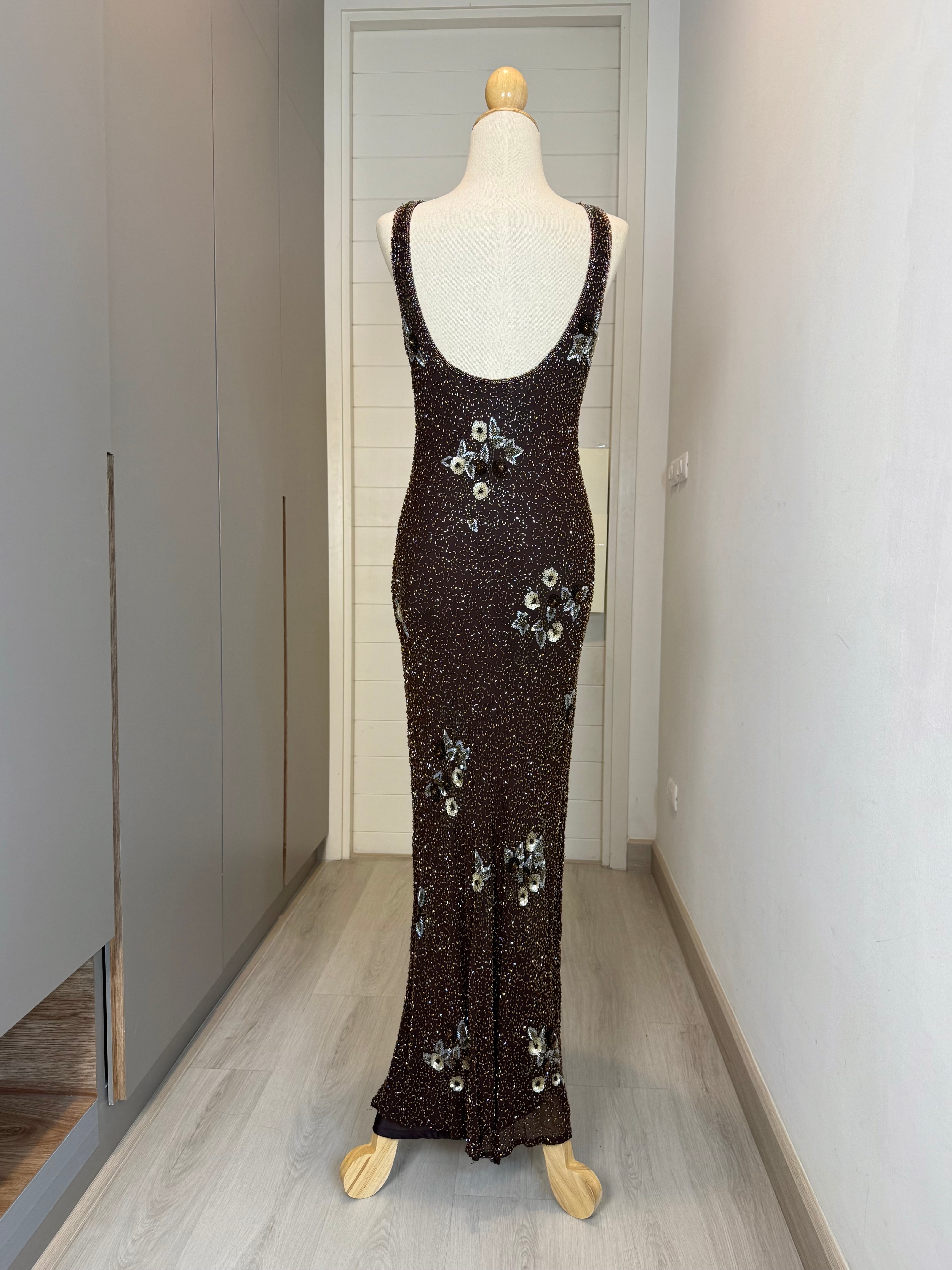 V240 Vintage Stenay Midnight Mocha Beaded Floral Gown (S–M)