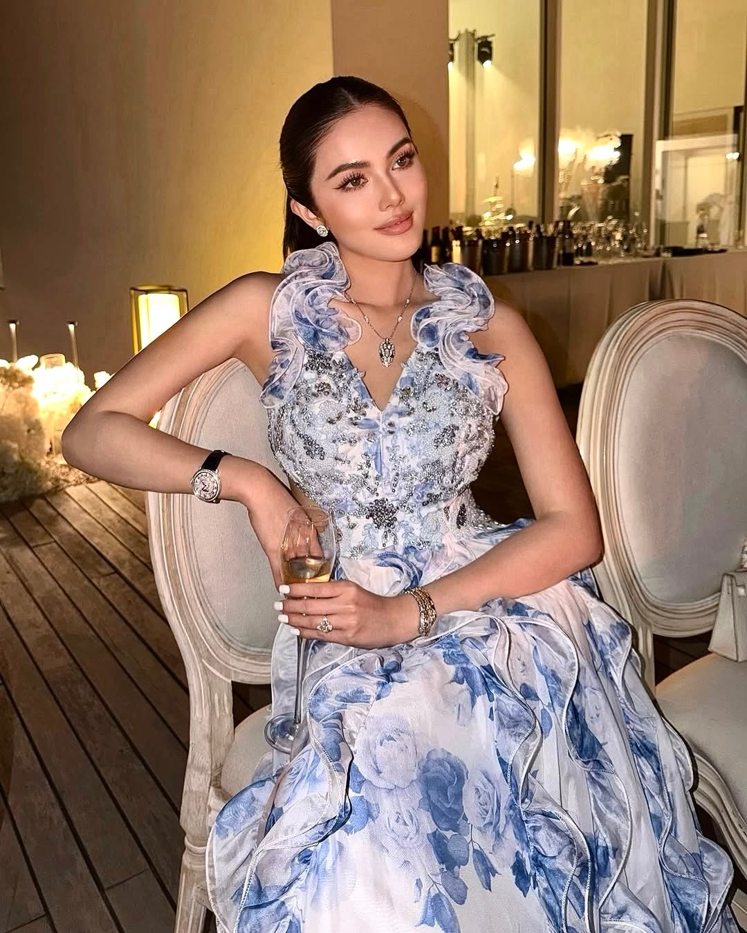 V242 Vintage-Style Mac Duggal Blue Ruffle Gown (XS) *ความยาวปกติ