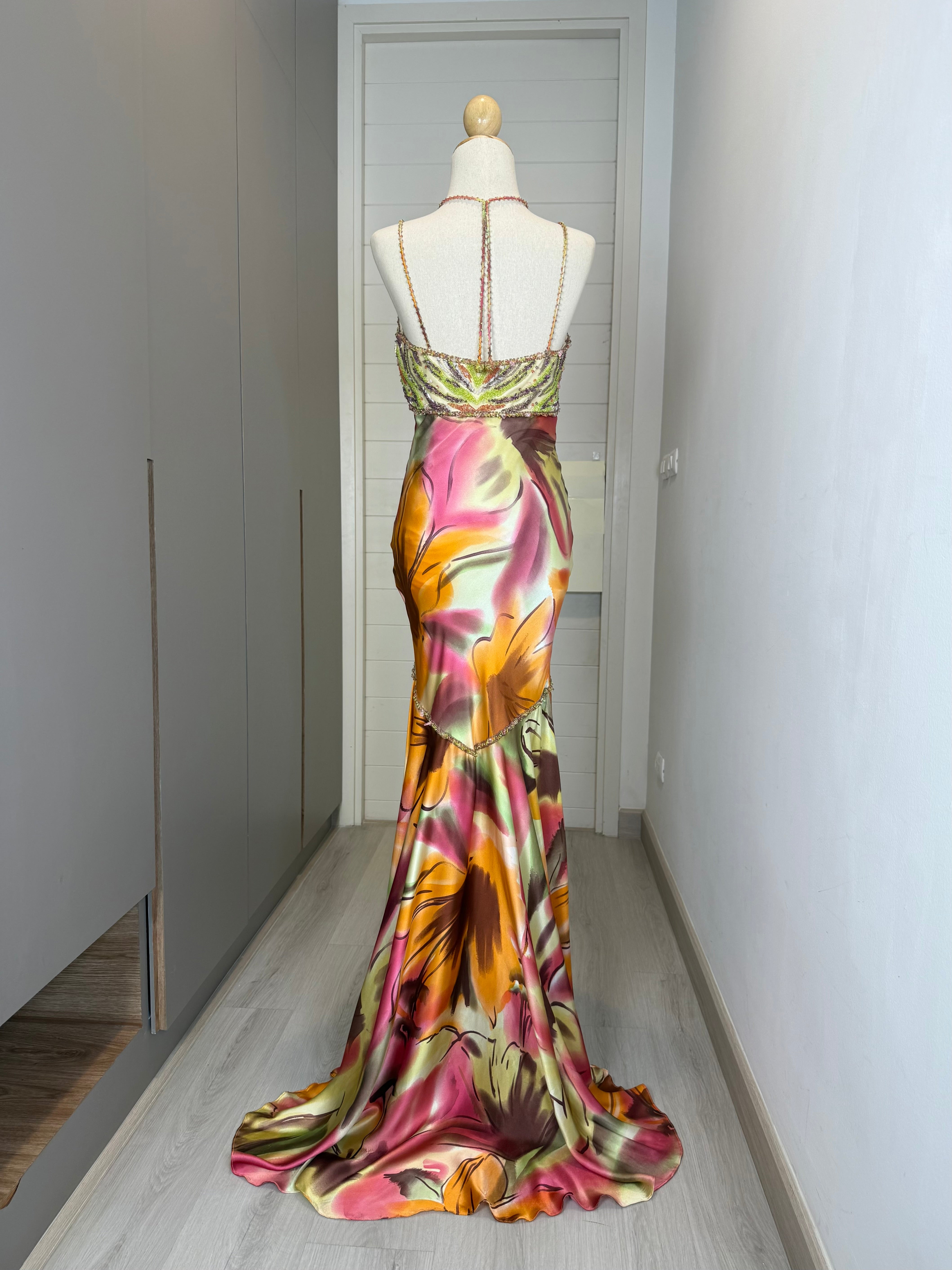 V169 Vintage Jovani Sunset Garden Satin Gown (M)