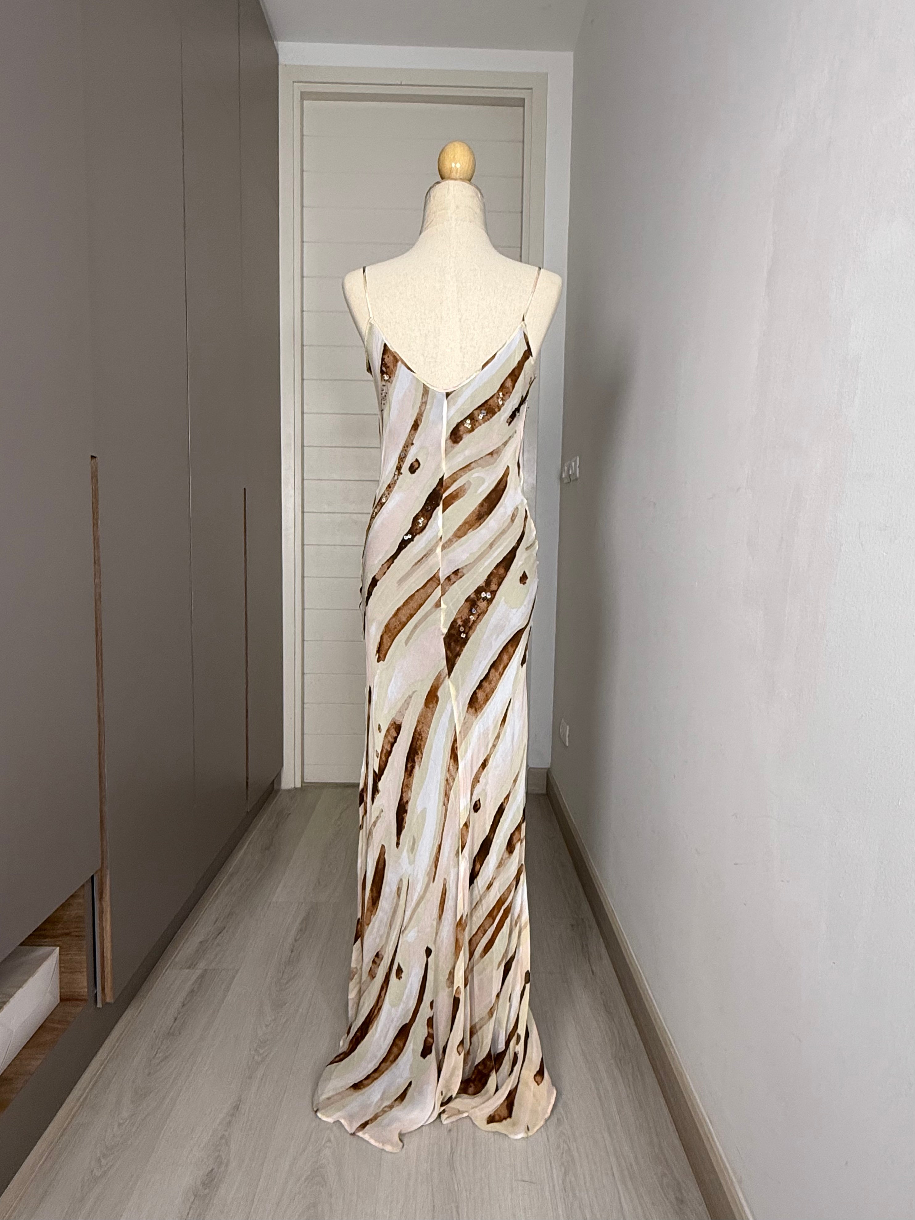 V77 Vintage Grey & Brown Striped Evening Gown (XS)