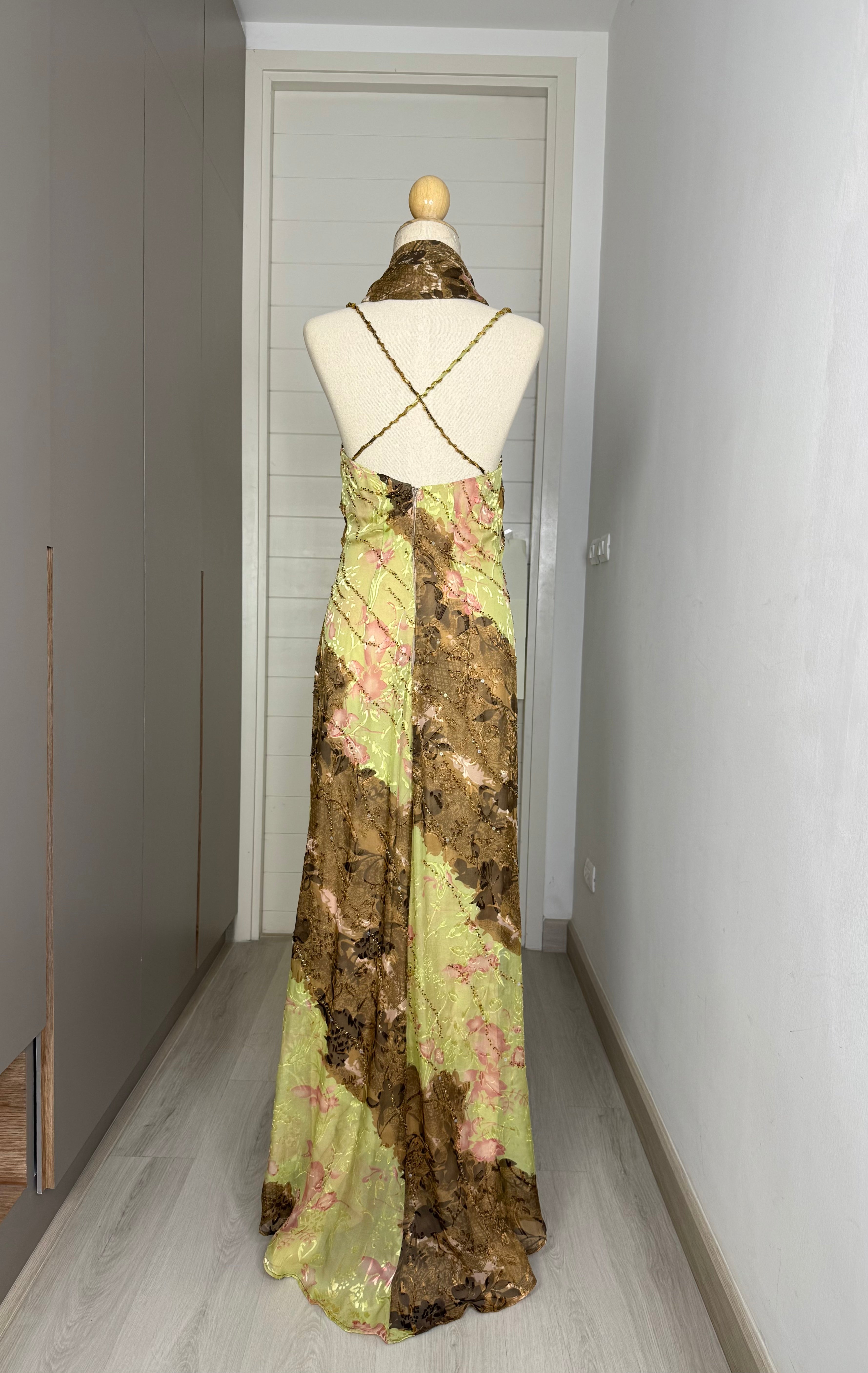 V68 Vintage Super Rare Brown & Sage Green Evening Gown (XS-S)
