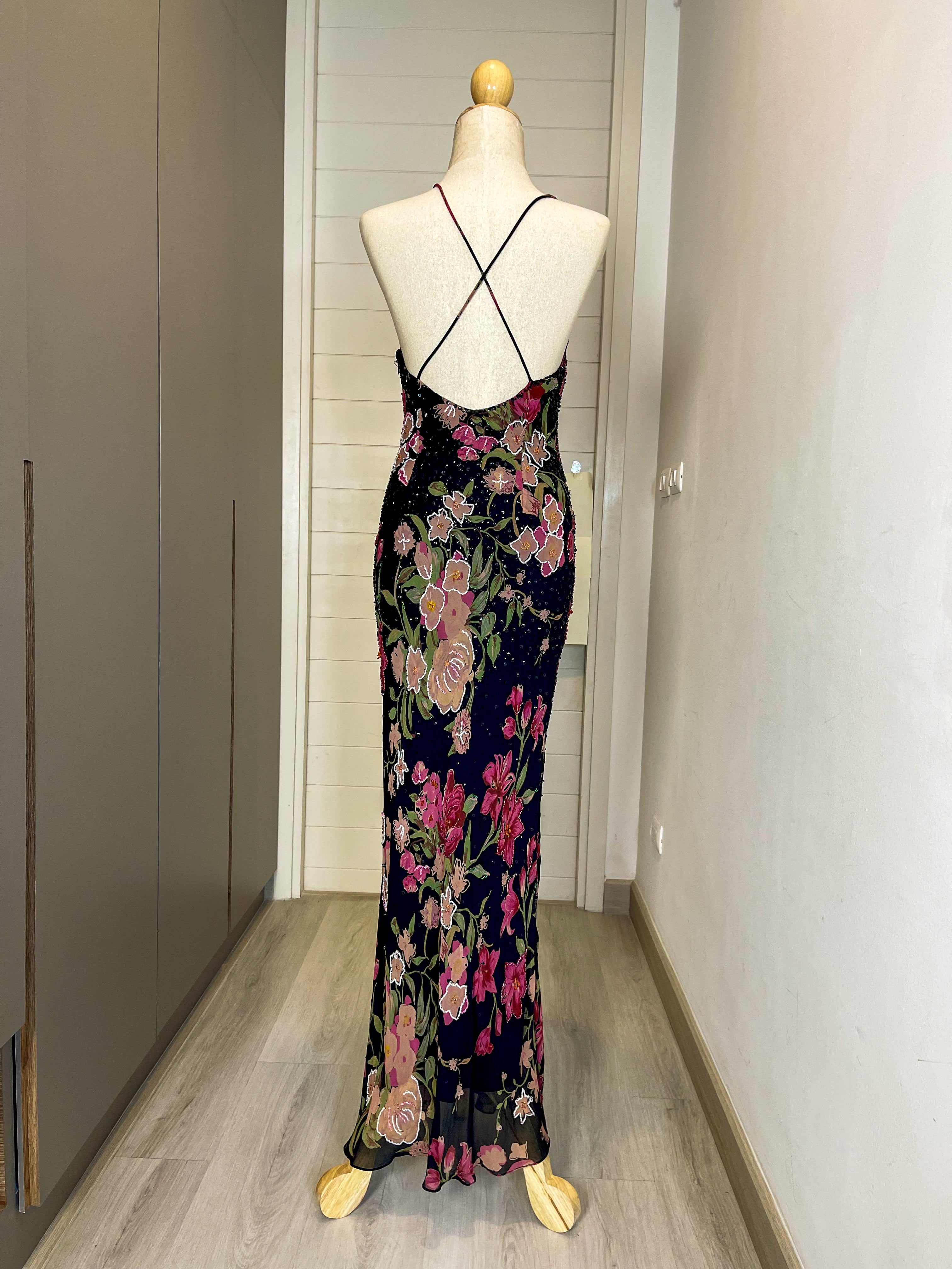 V28 Vintage Super Rare Sue Wong Silk Floral Black Evening Dress (XS-S)