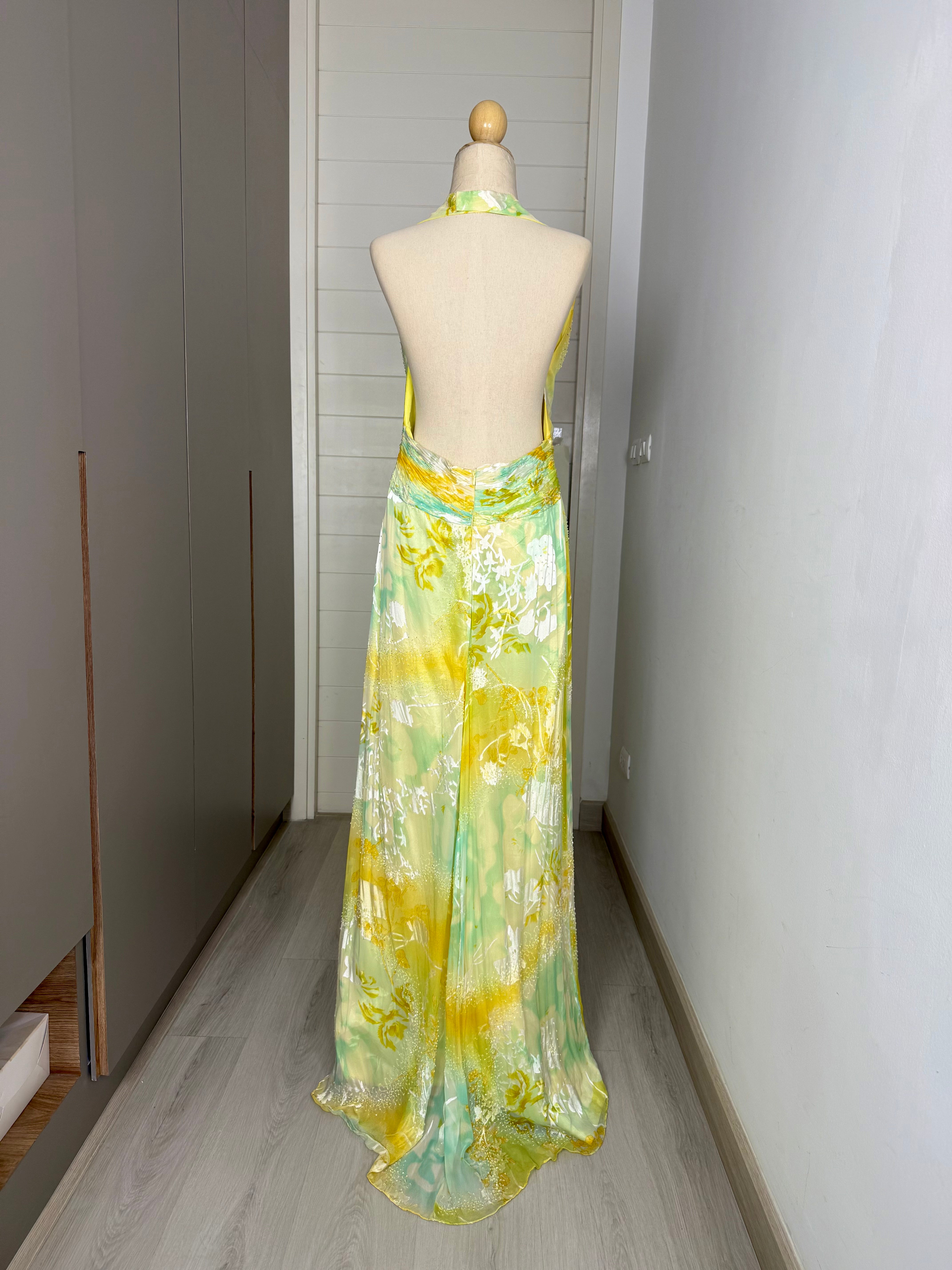 V97 Vintage Burnout Halter Gown Yellow-Green Ombre (M-L)