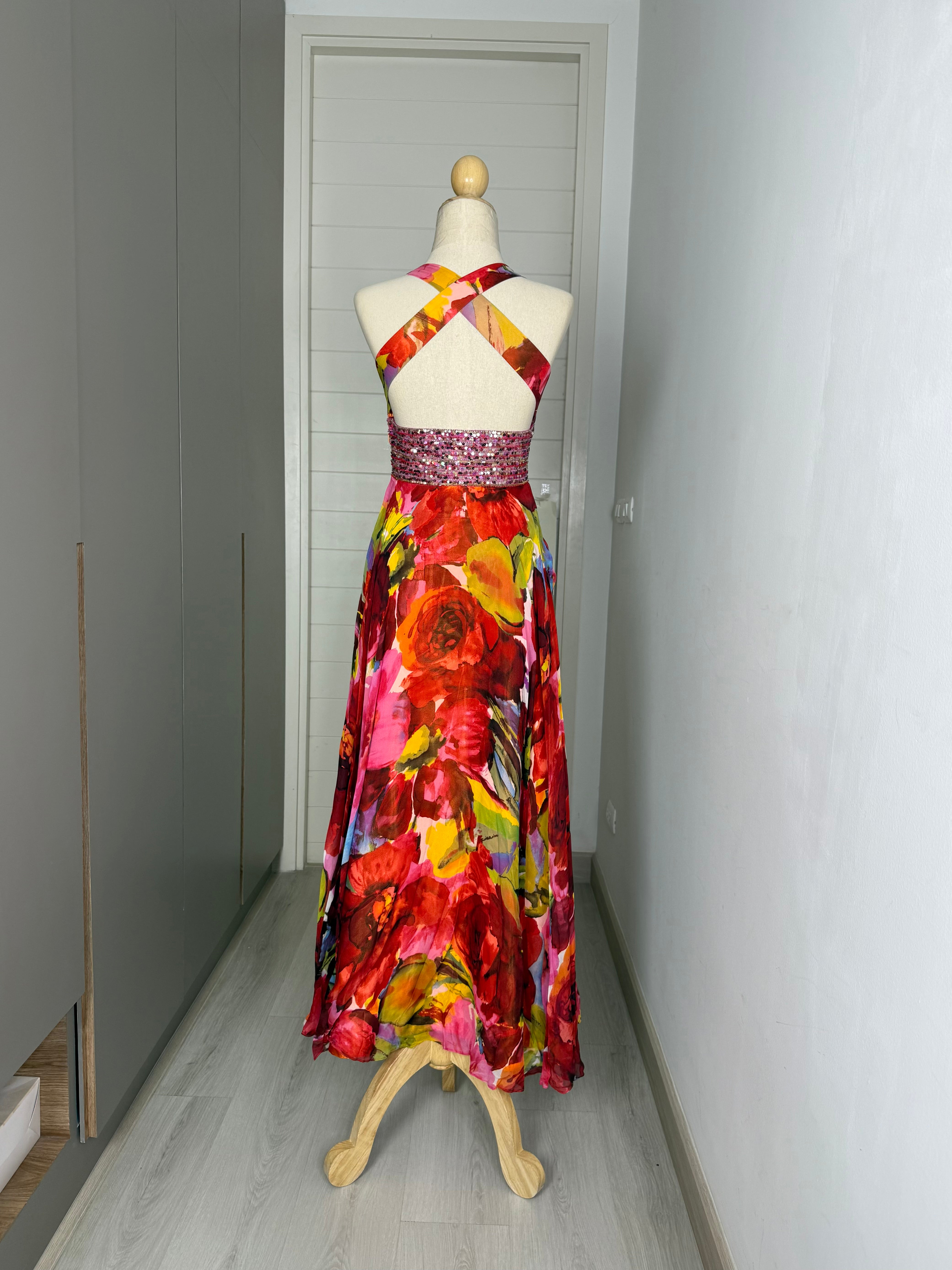 V91 JOVANI Red Floral Elegance Midi Dress (XXS)