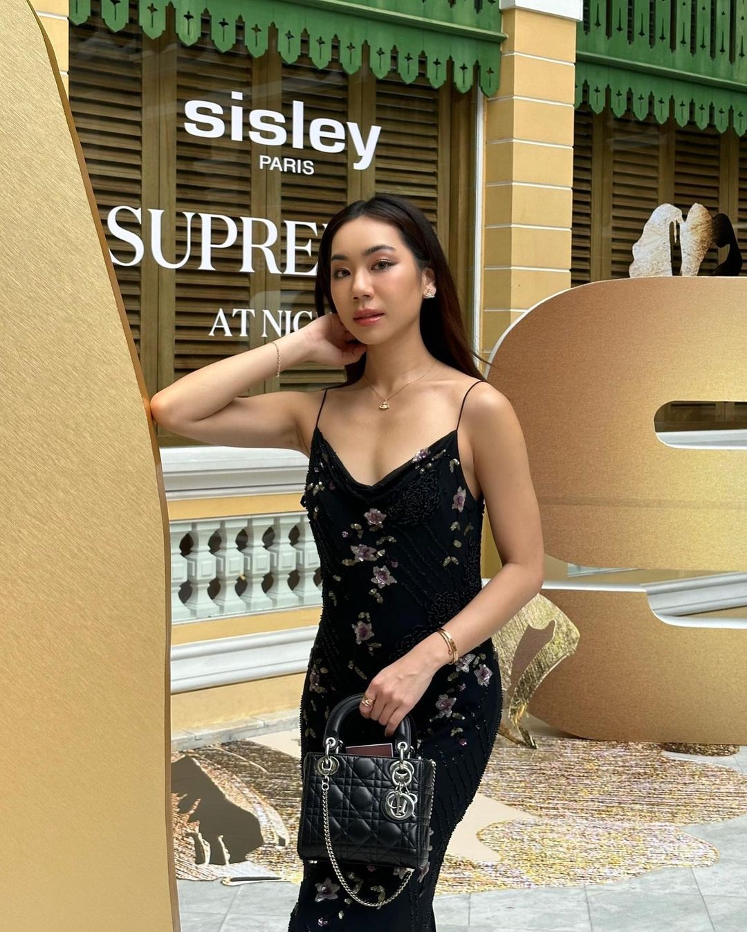 V04 Vintage Staney Floral Black Dress (XS-M) (ทรงเฉลียงเข้ารูปตามตัว)