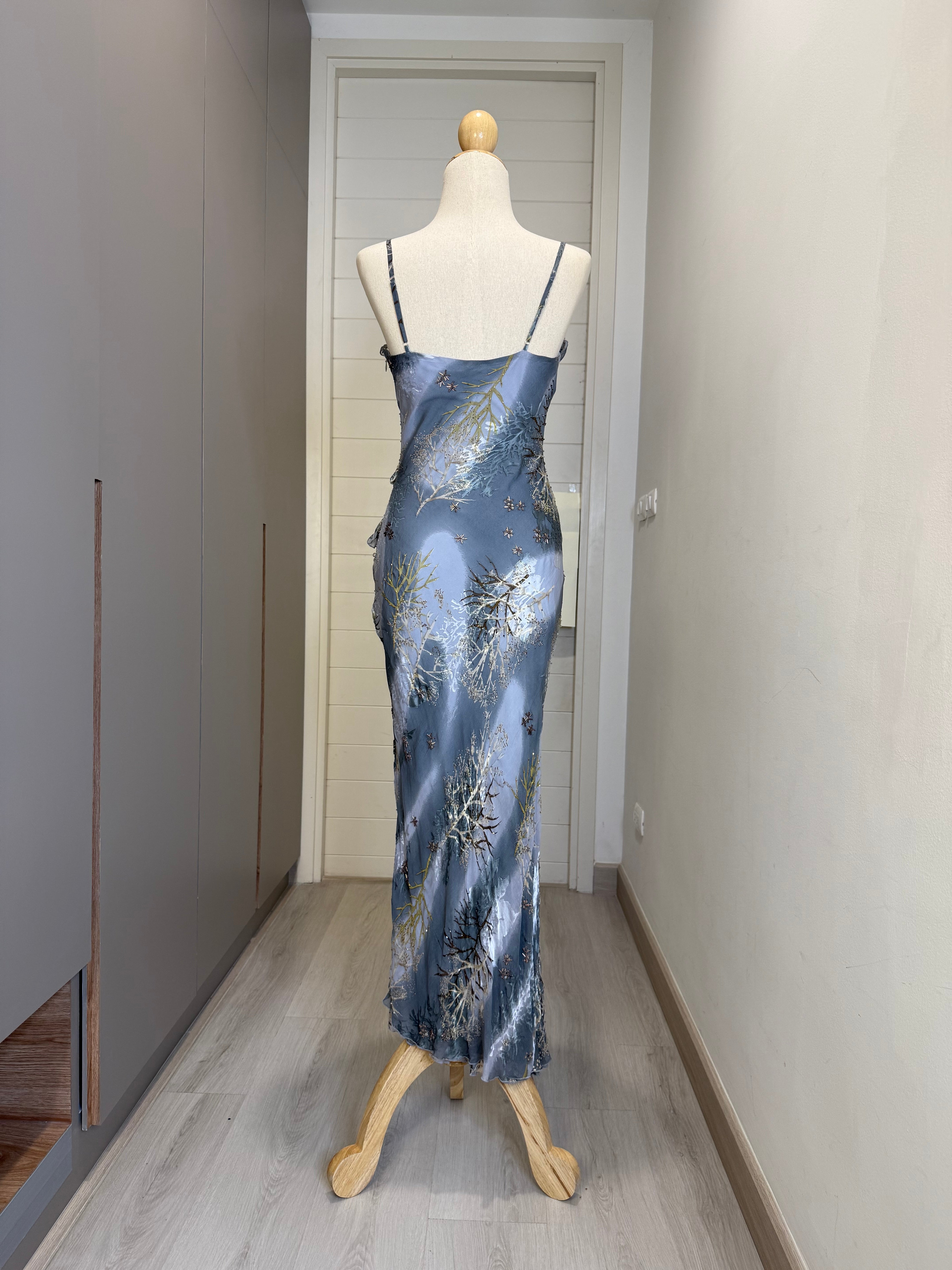 V234 Vintage Frosted Blue Ruffle Garden Slip Dress (XS-S)