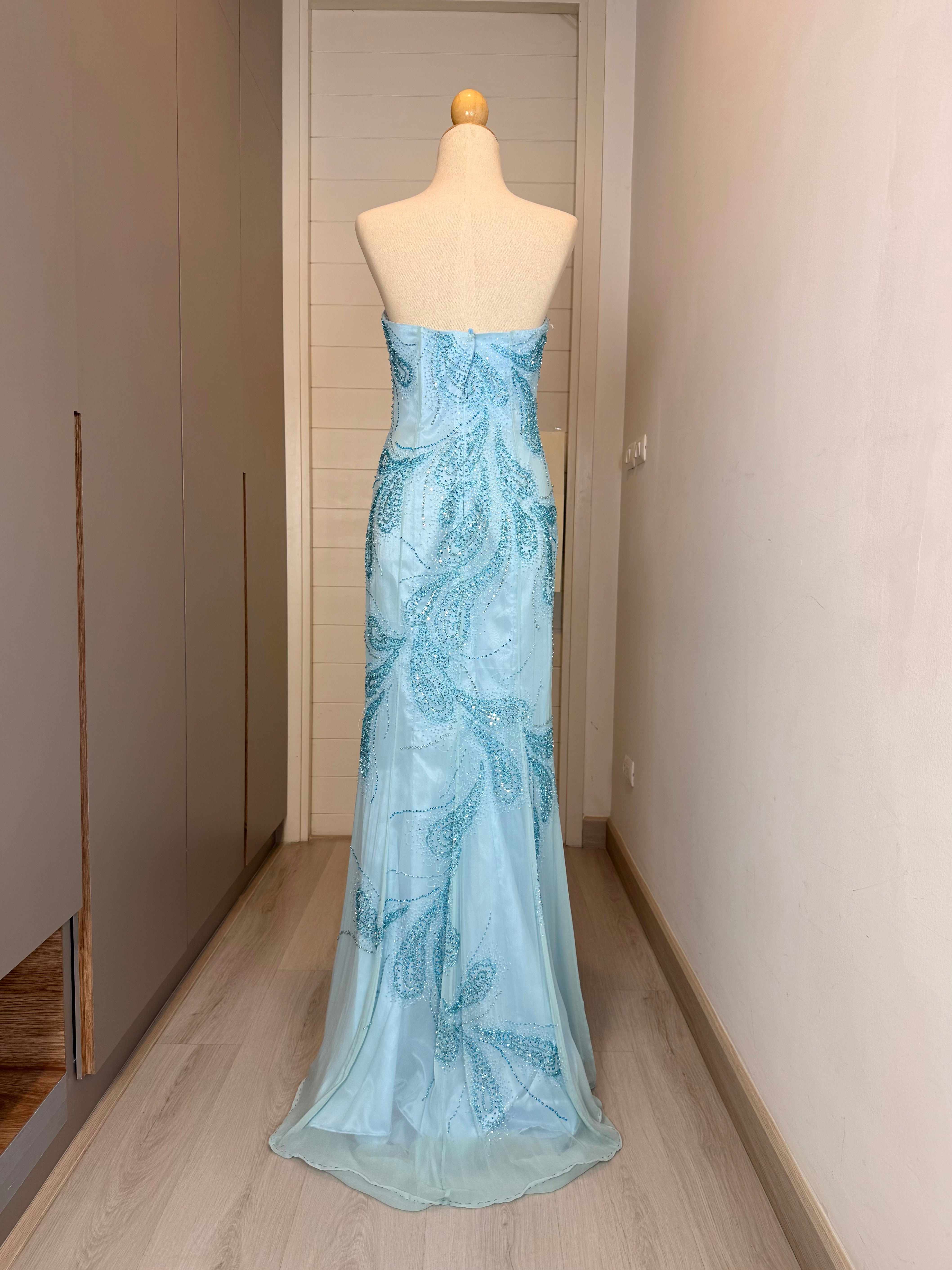 V324 Vintage Icy Aqua Paisley Crystal Strapless Gown (M-L)