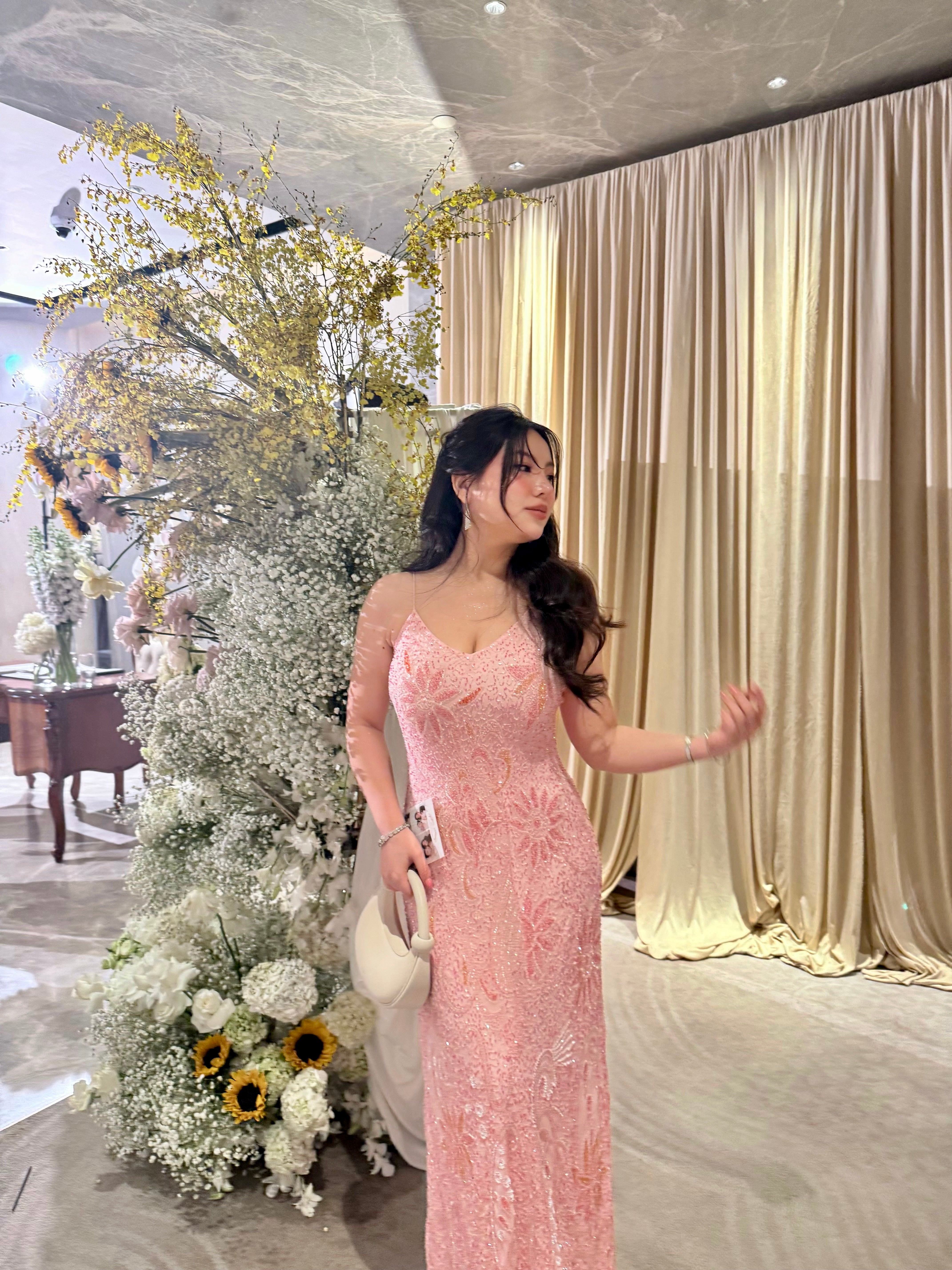 V167 Vintage Blush Stardust Beaded Gown (M-L)