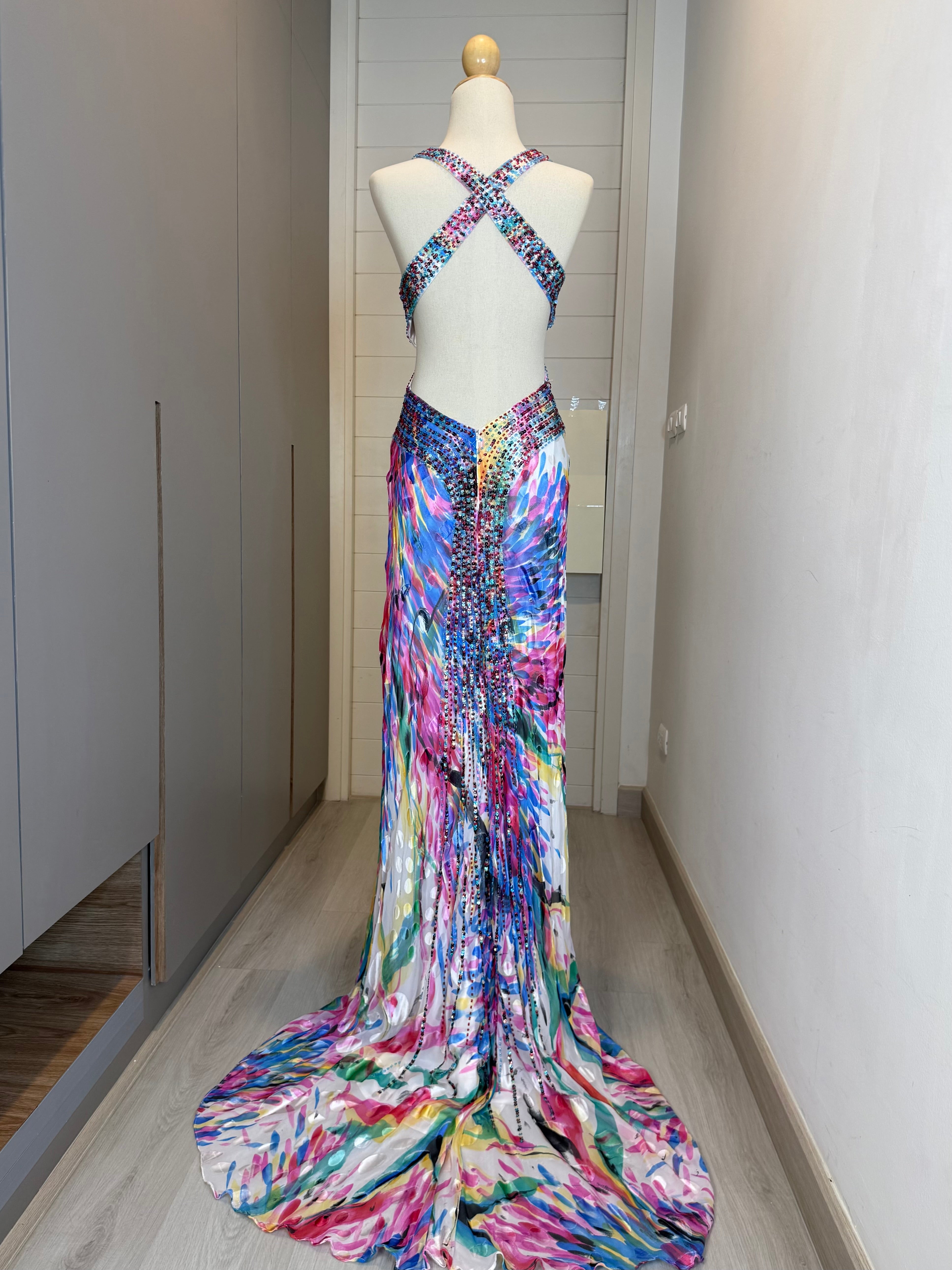 V249 Vintage La Femme Rainbow Crystal Open-Back Gown (S)