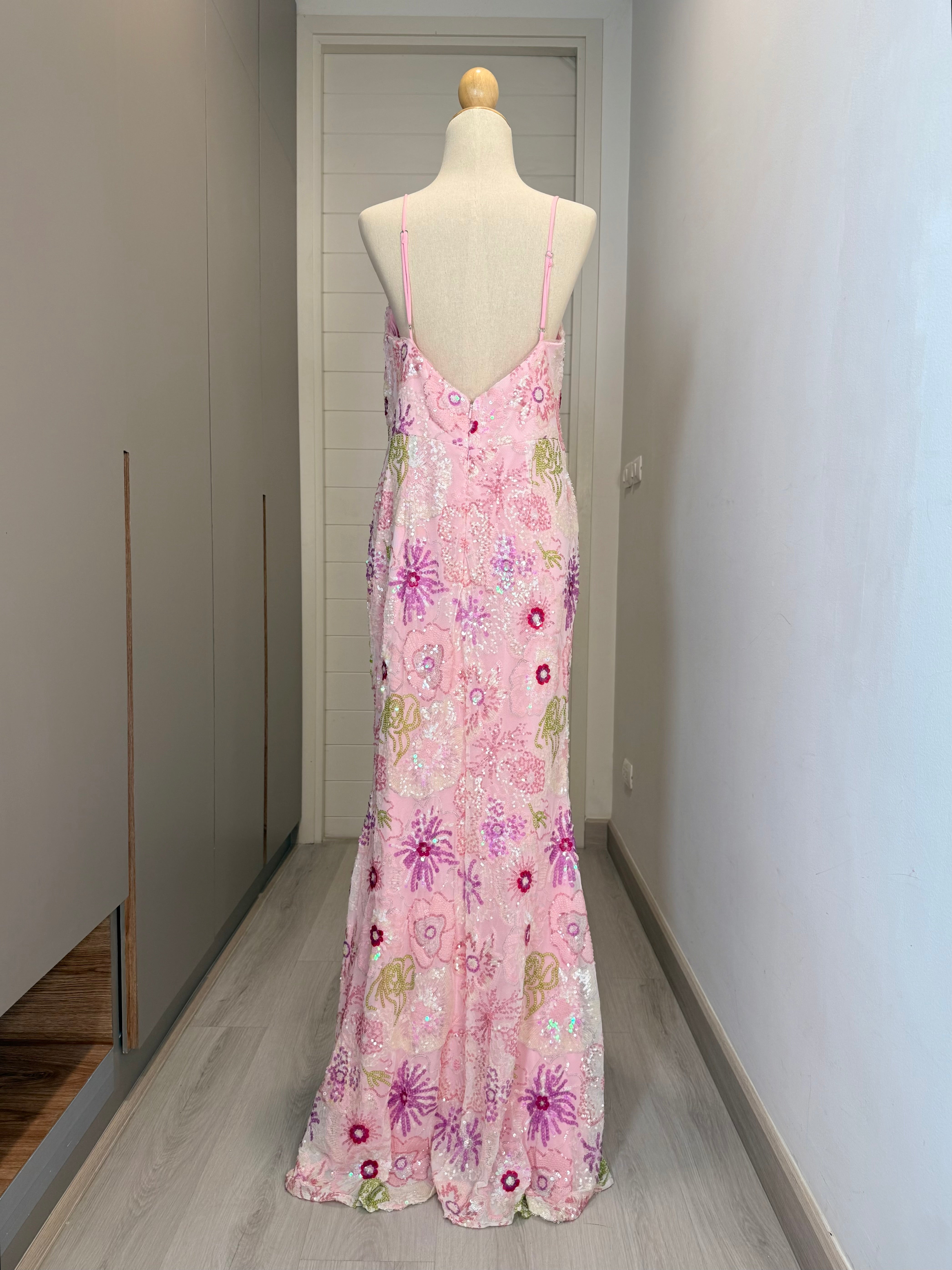 V275 Vintage Style Jules & Cleo Pink Petal Sequin Gown (XL)