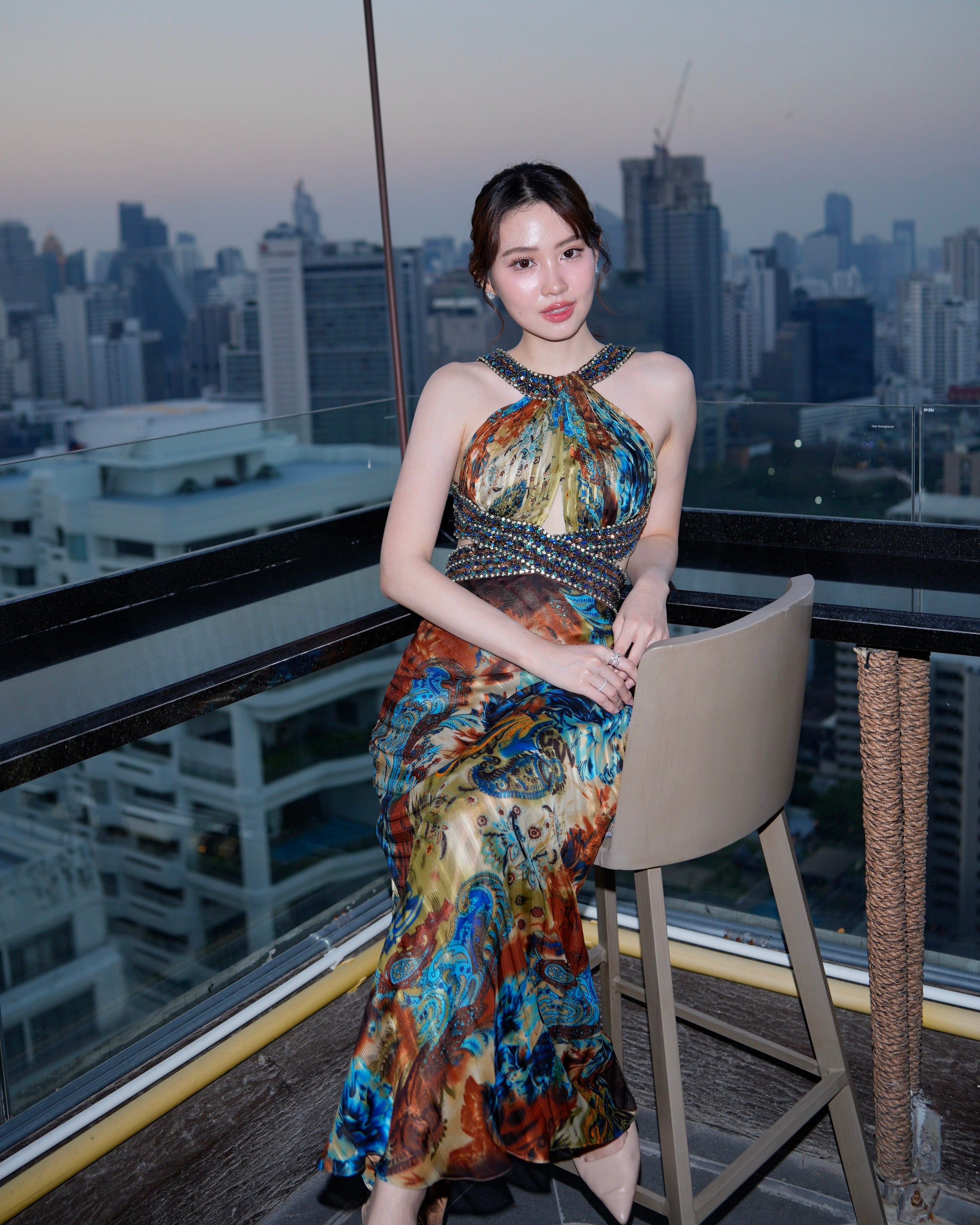 V279 Vintage May Queen Turquoise Copper Print Gown (XS)