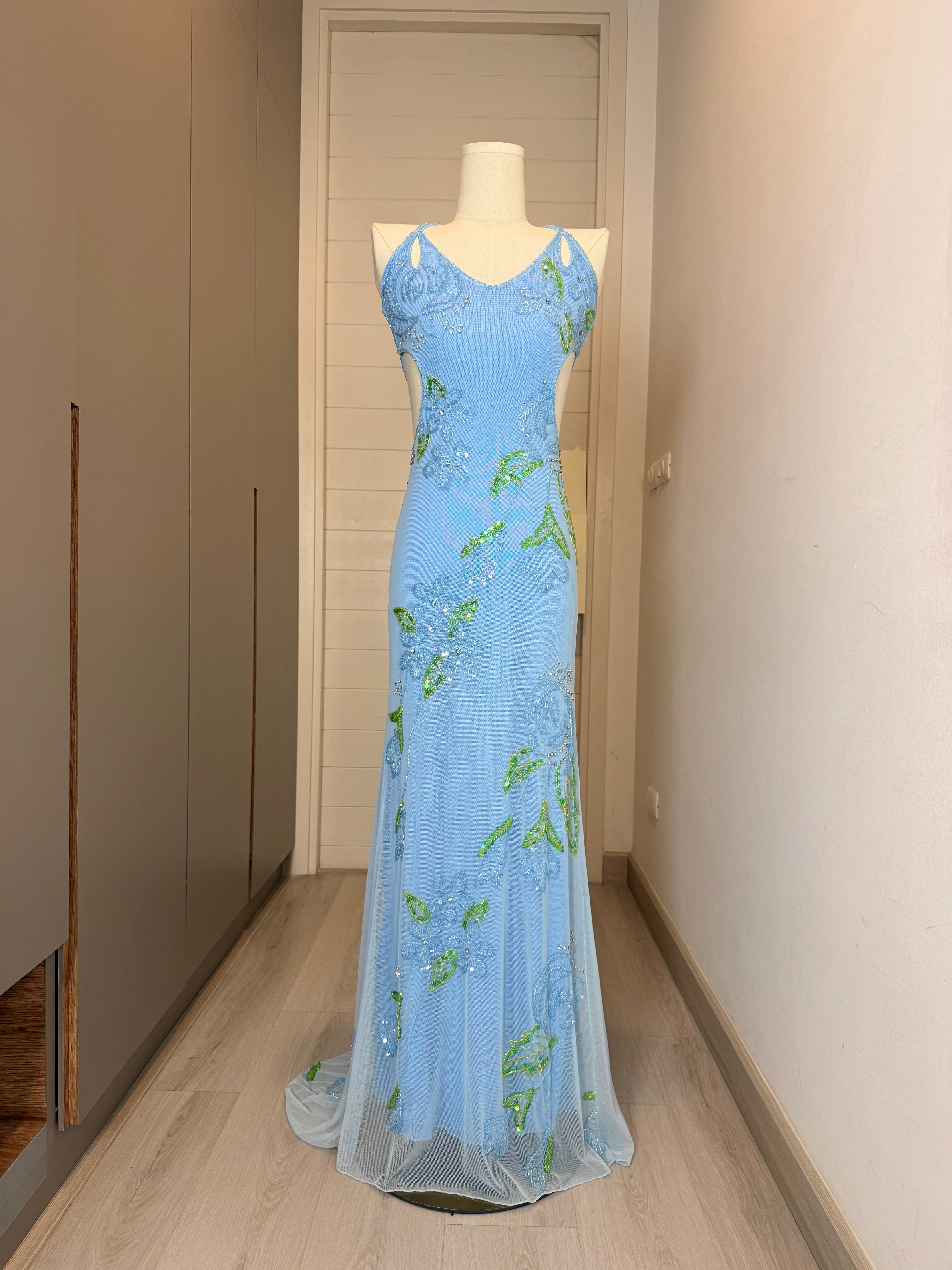 V322 Vintage Attitudes by Debra Powder Blue Enchanted Garden Beaded Strappy Back Gown (XXS)