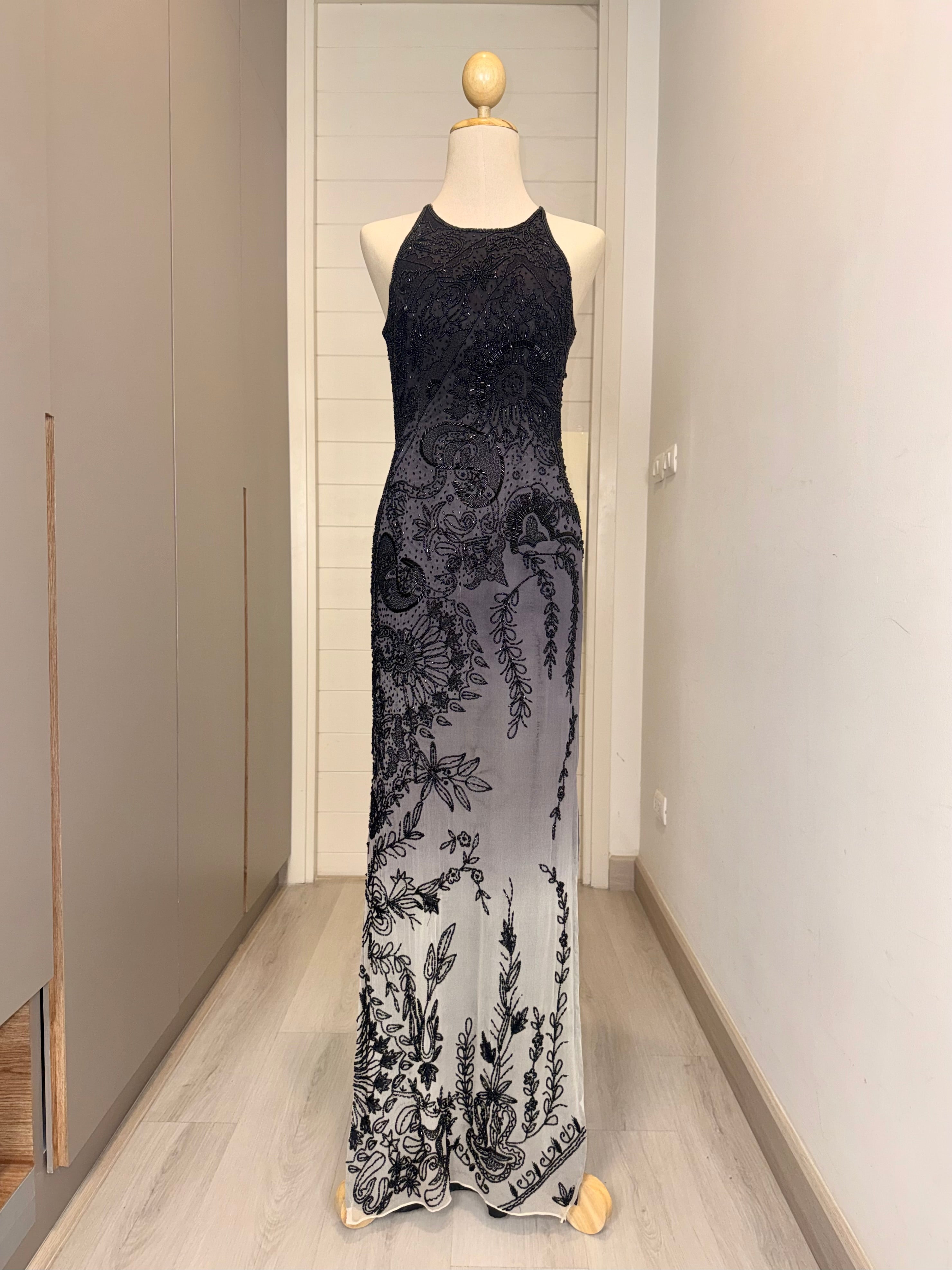V300 Vintage Midnight Botanical Beaded Gown (S)