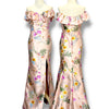 V202 Vintage Blooming Garden Satin Off-Shoulder Dress (M)