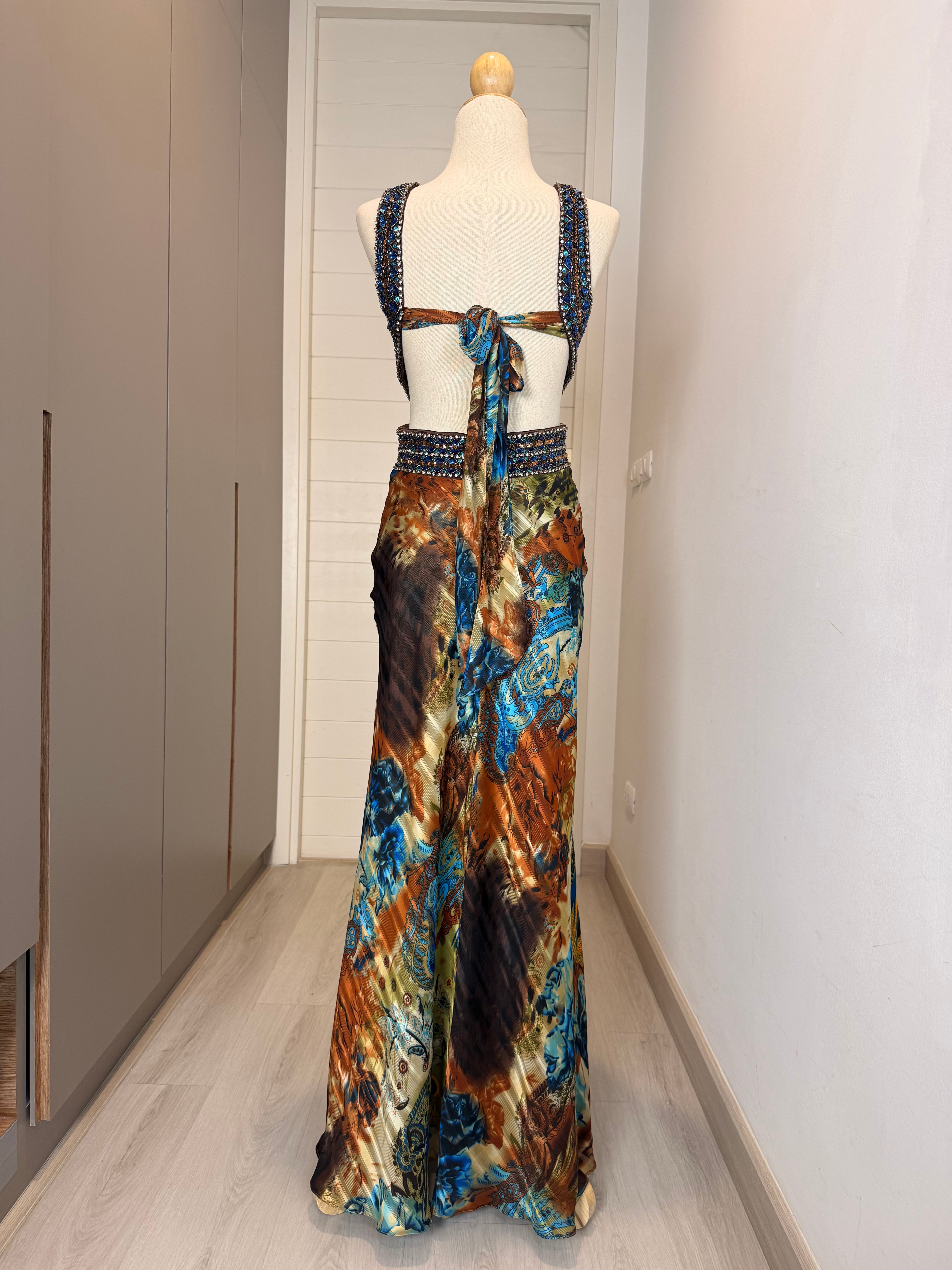 V279 Vintage May Queen Turquoise Copper Print Gown (XS)