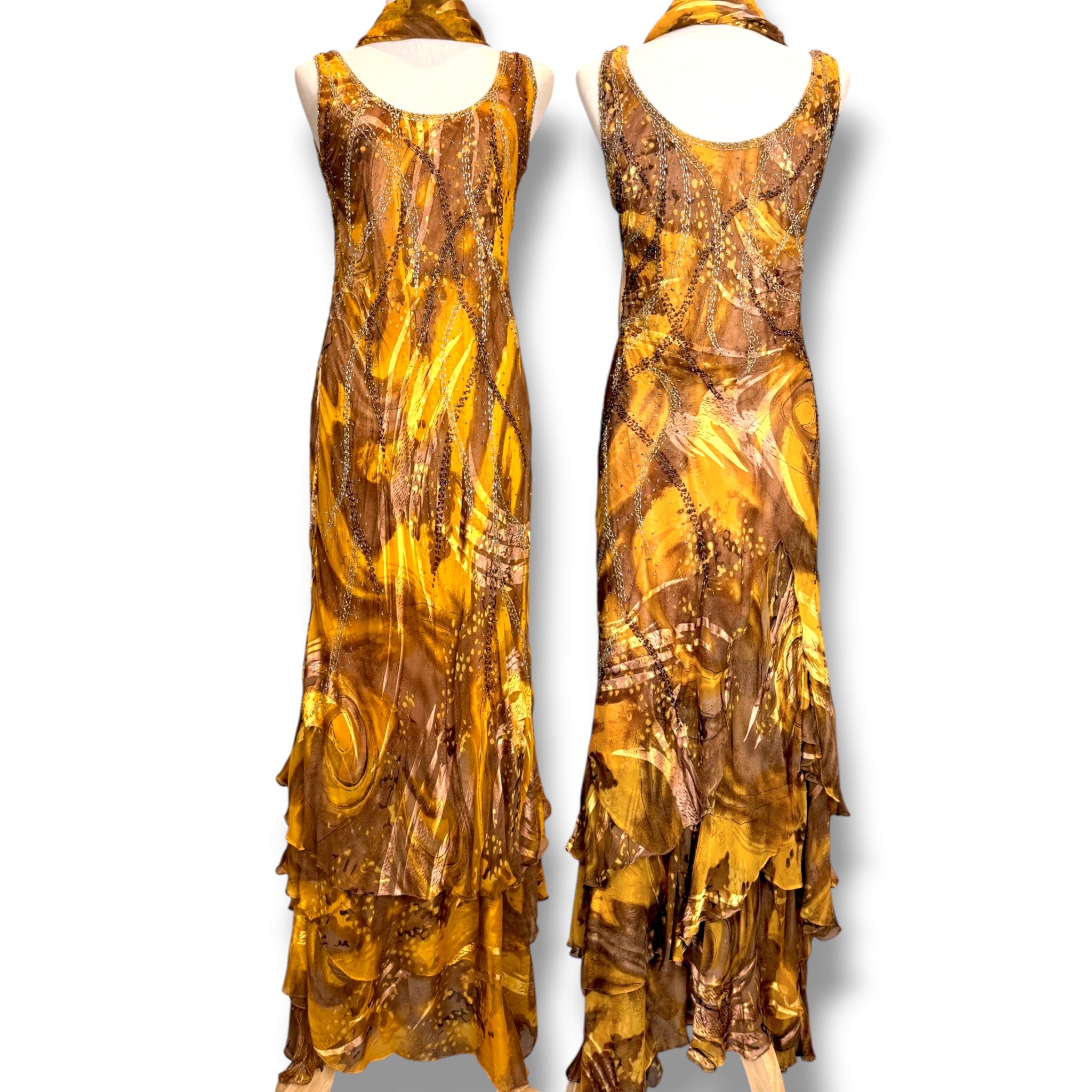 V293 Vintage Golden Amber Silk Scarf Dress (S-M)