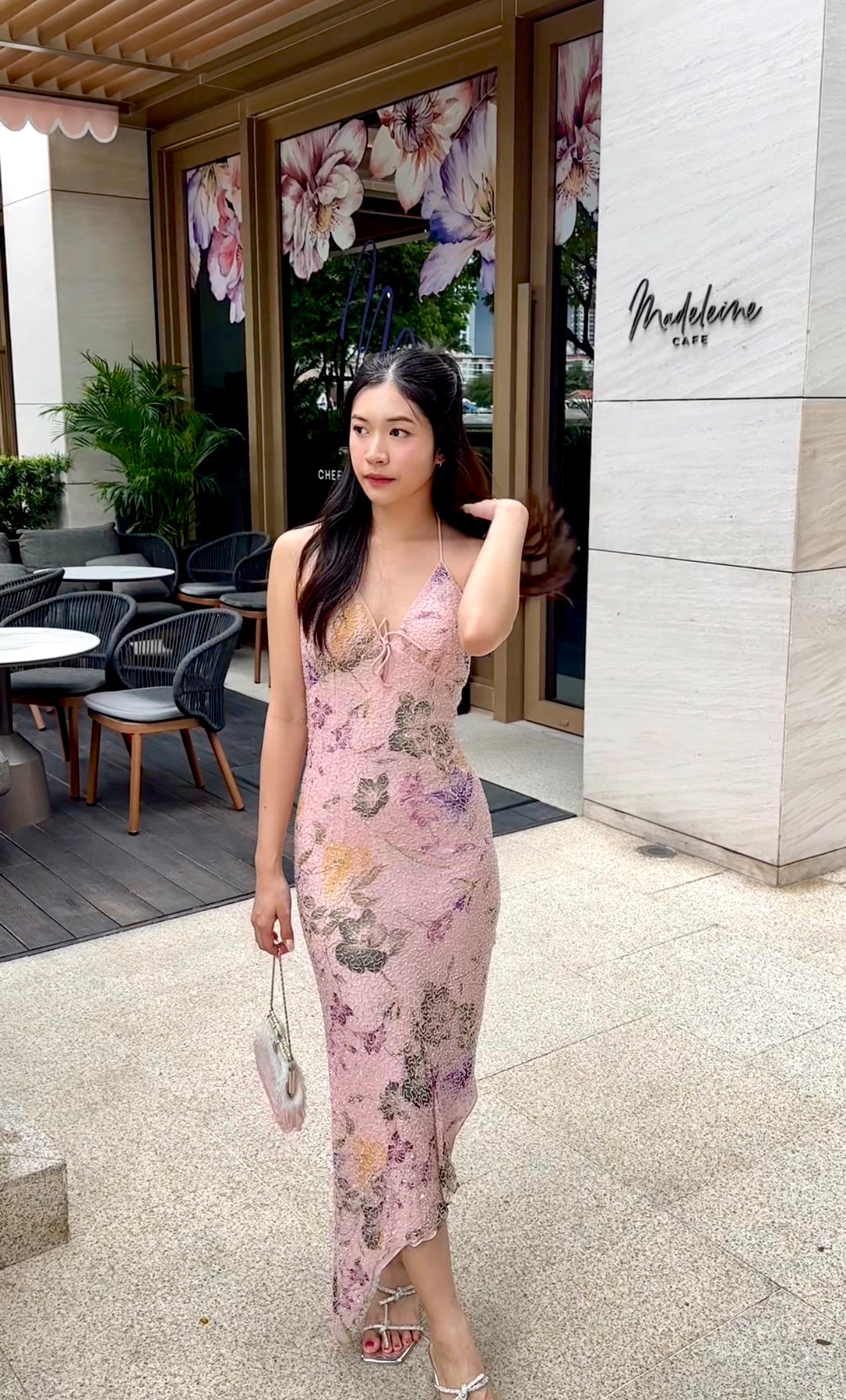 V09 Vintage Floral Pastel Pink Evening Dress (XS-S) ชุดใหม่