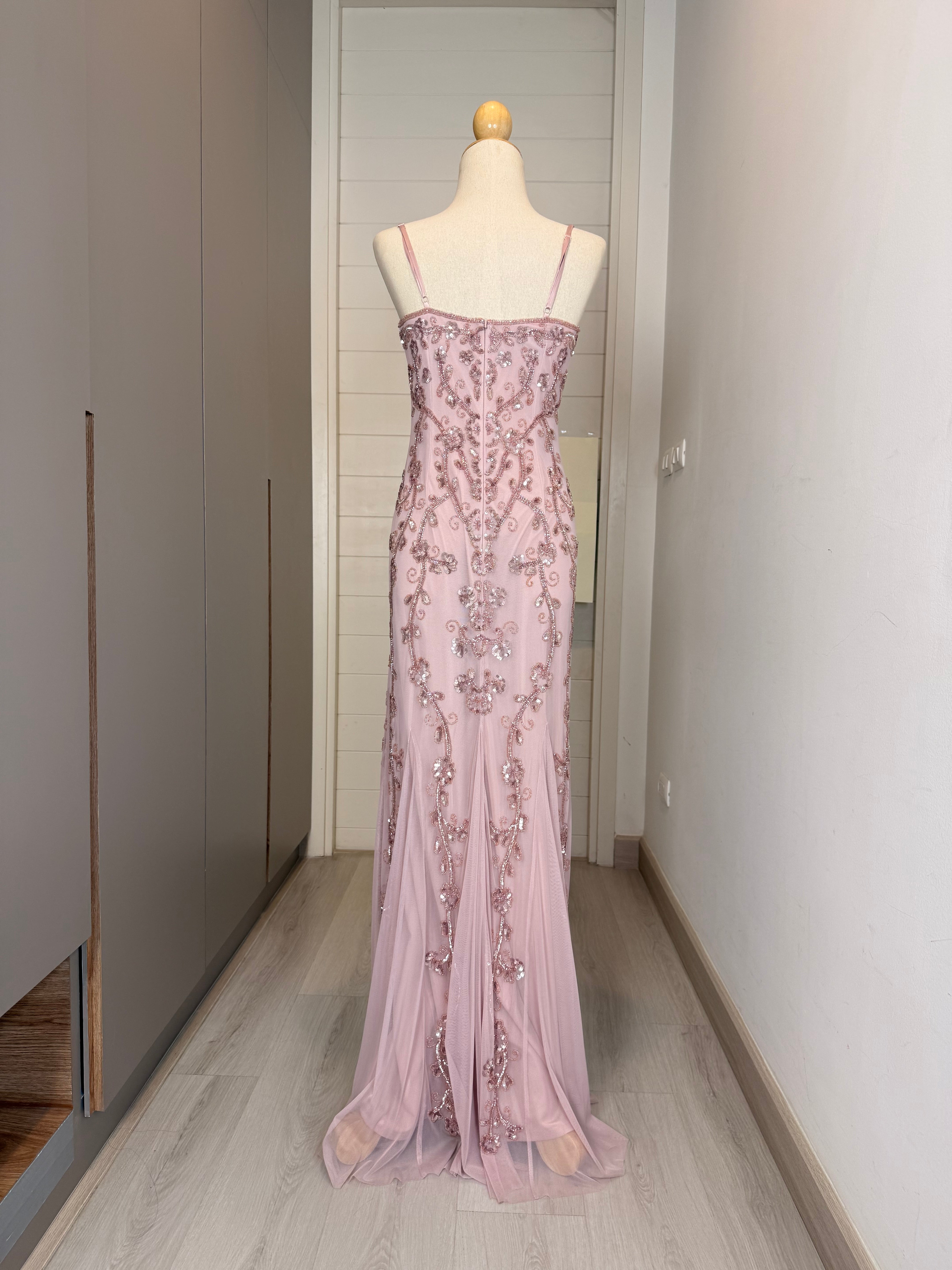 V326 Vintage Antique Rose Floral Beaded Gown (XS-S)