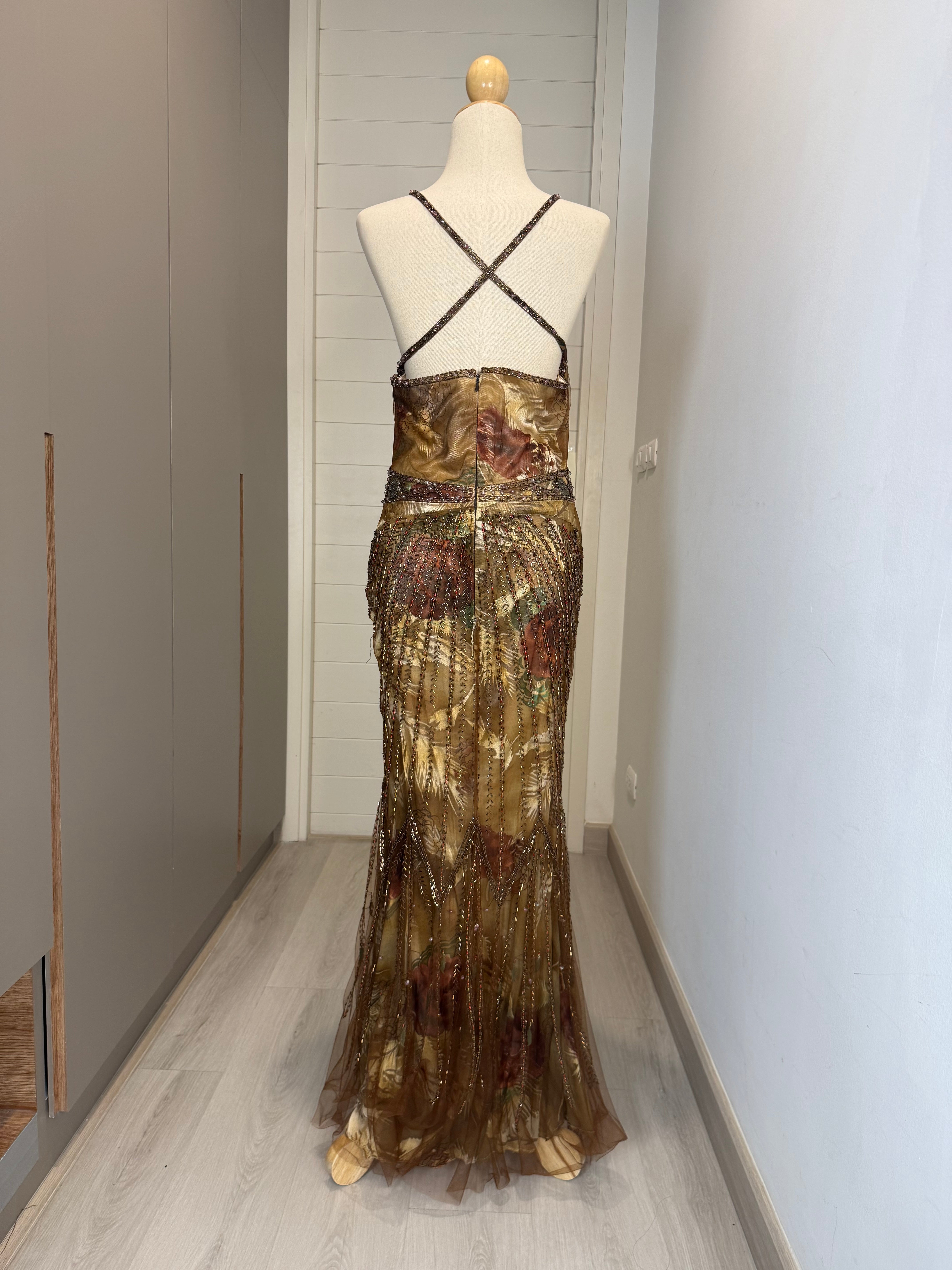 V256 Vintage Amber Boho Beaded Gown (M-L)