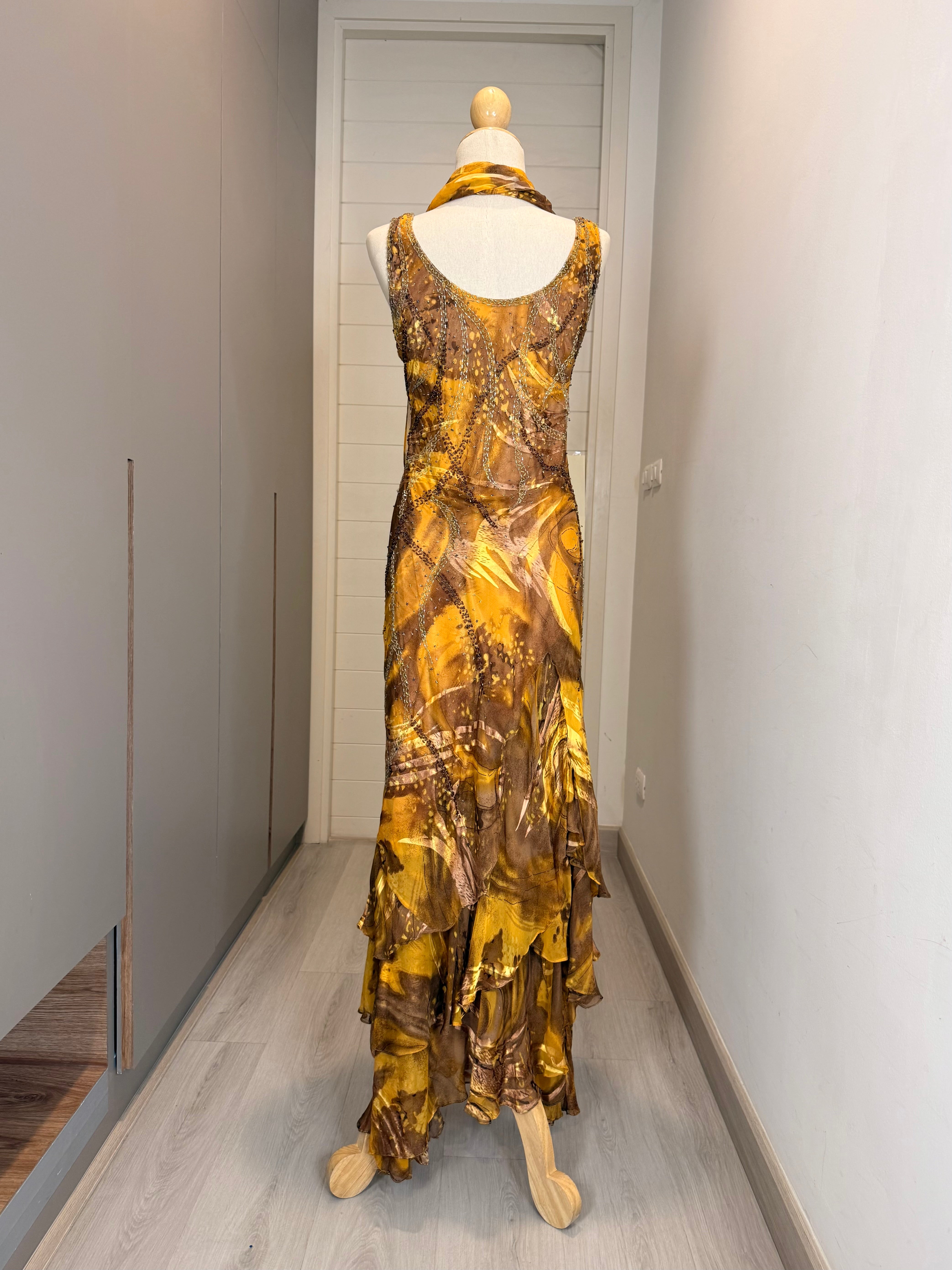 V293 Vintage Golden Amber Silk Scarf Dress (S-M)