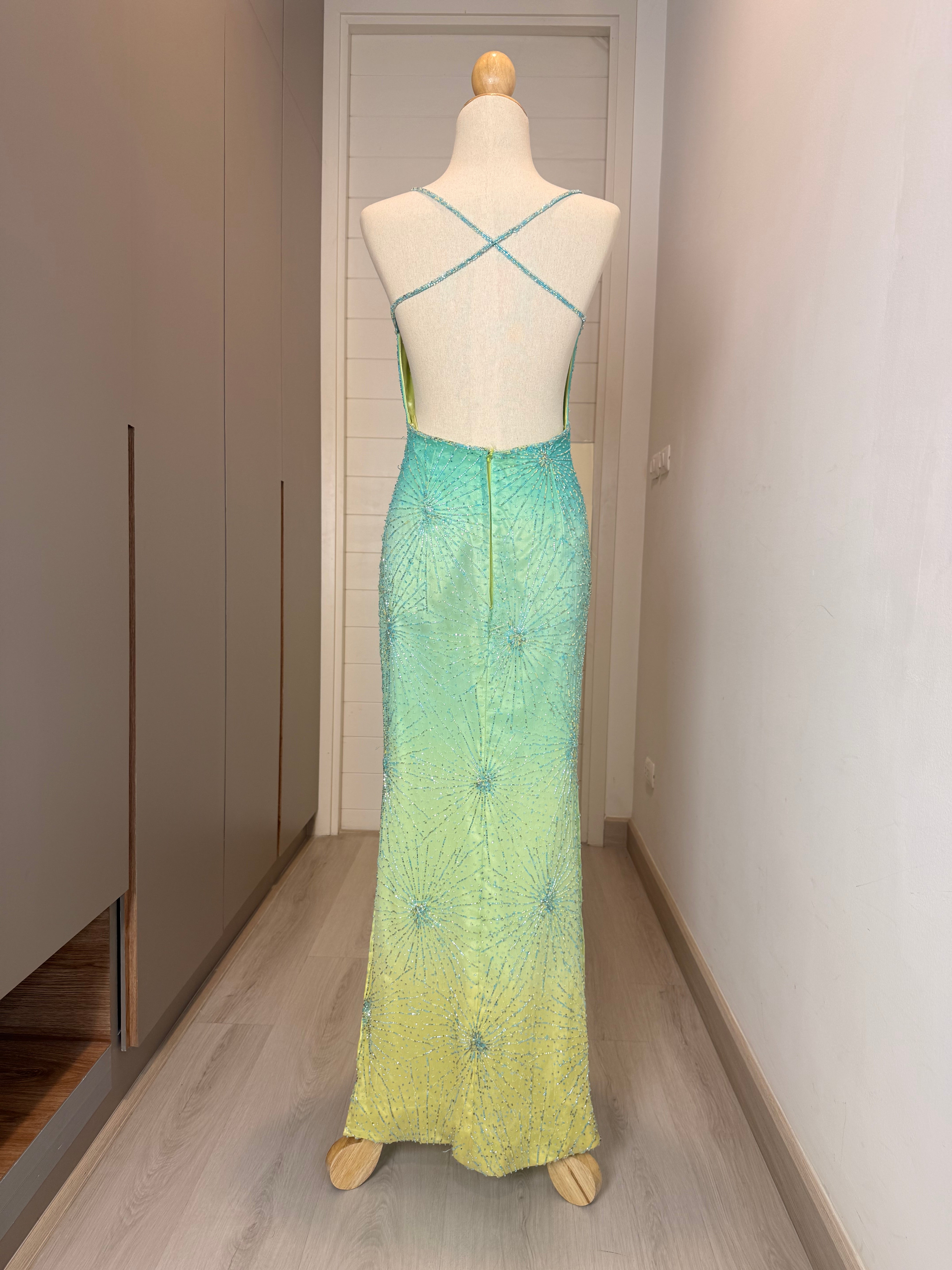 V278 Vintage Mia Bella Seafoam Stardust Beaded Gown (XS-S)