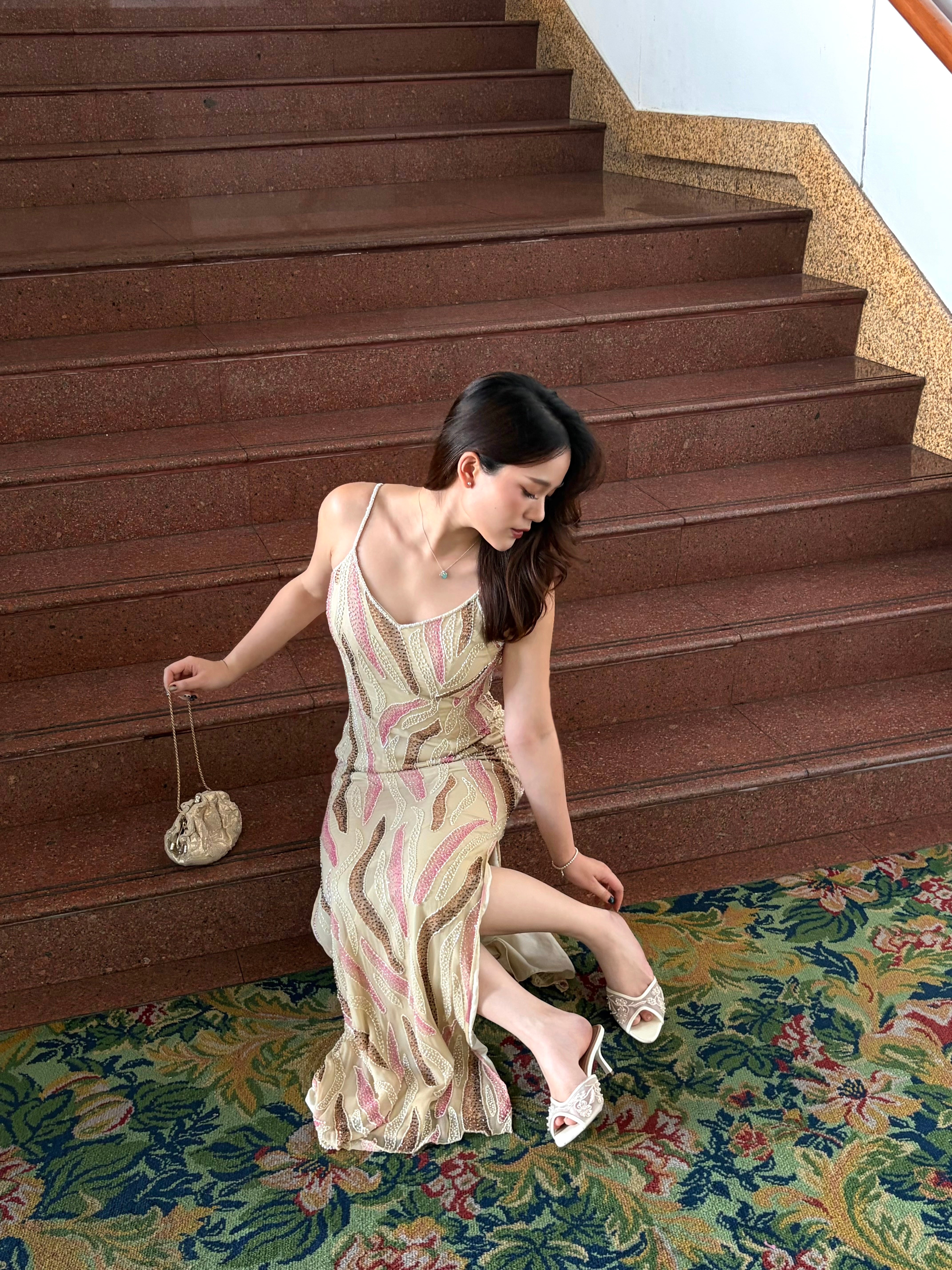 V306 Vintage Cache Vanilla Flame Beaded Gown (S)